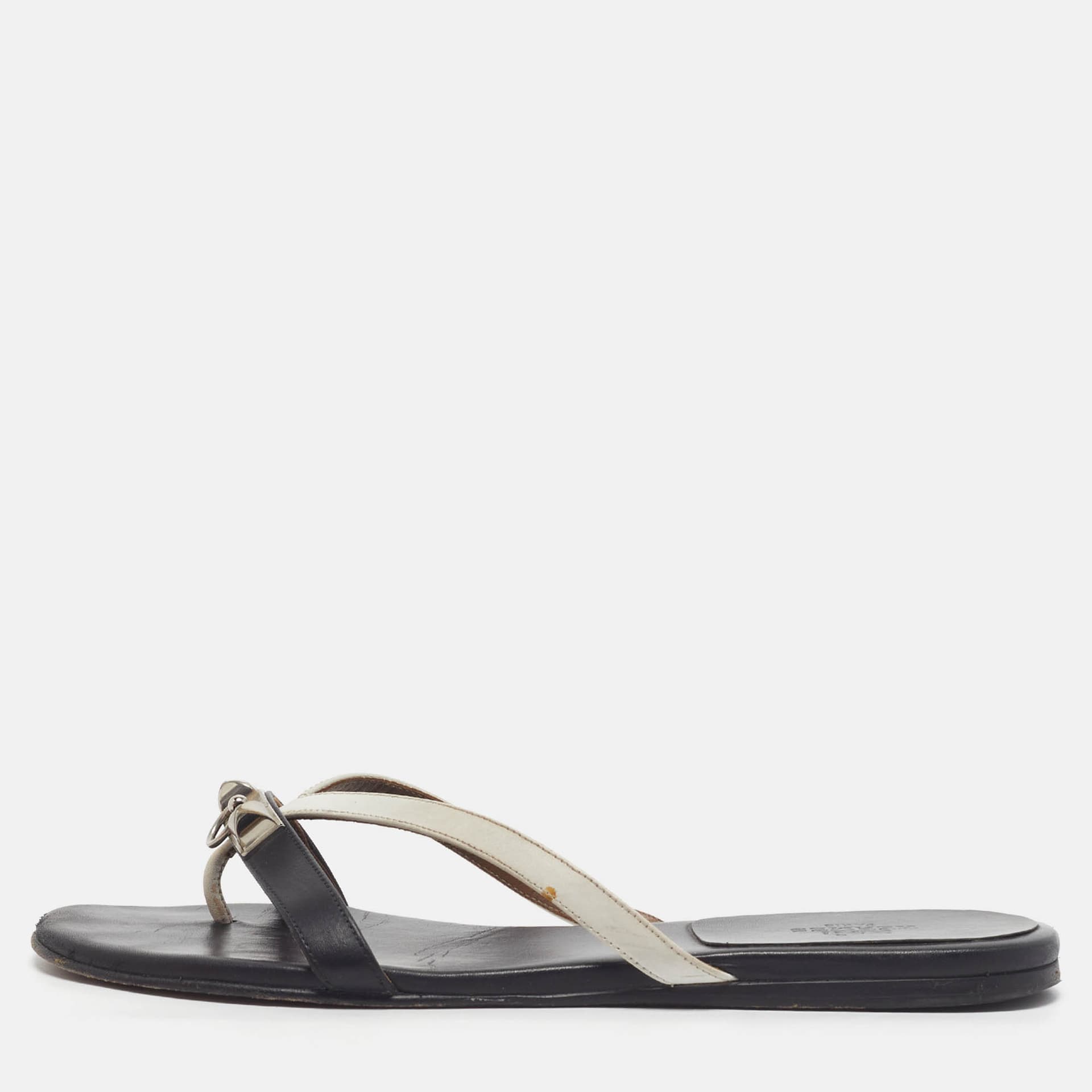 Hermes Corfu Size 36.5 Black/White Leather Thong Flat Slide