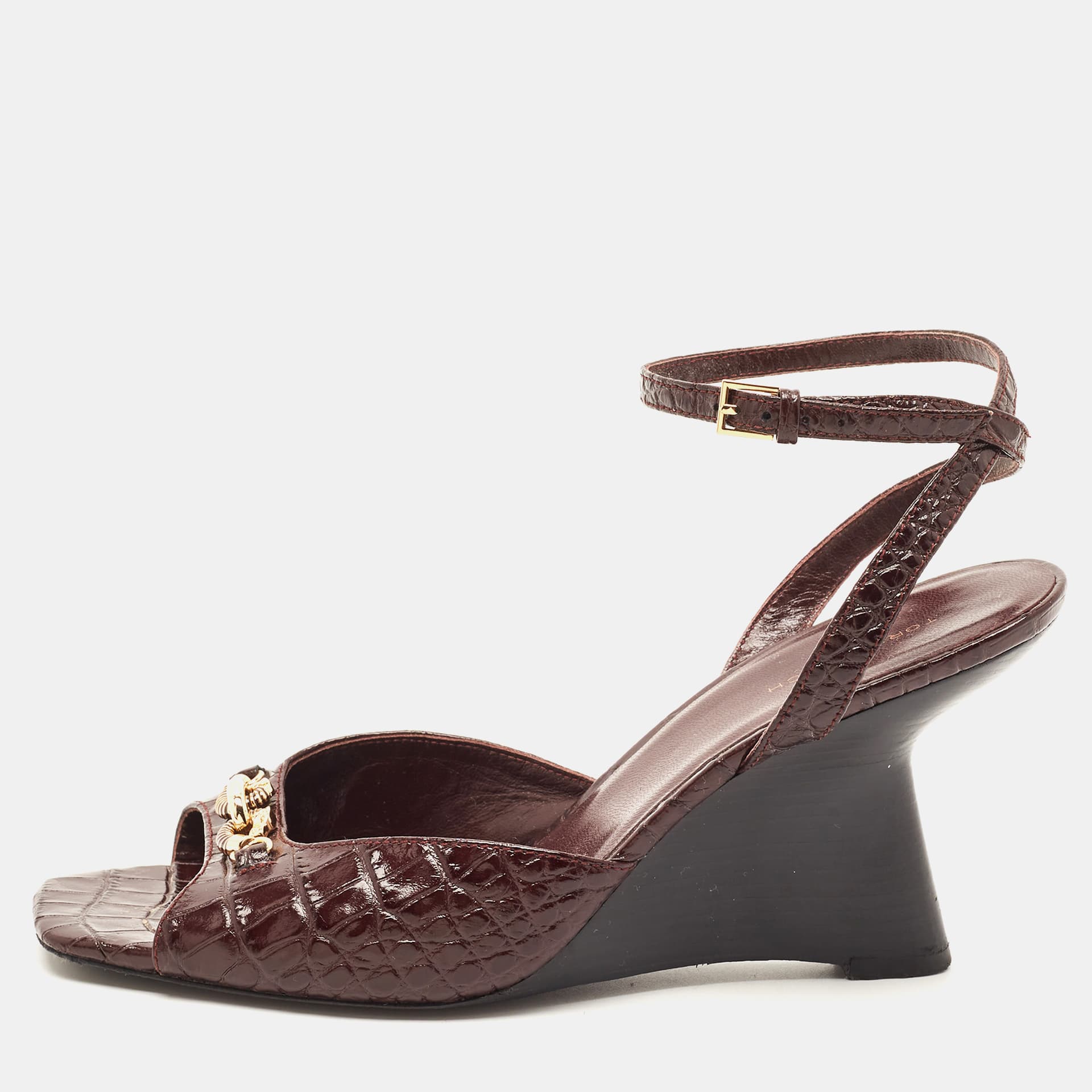 Tory Burch Jessa Size 38.5 Burgundy Crocodile Leather Wedge Sandals