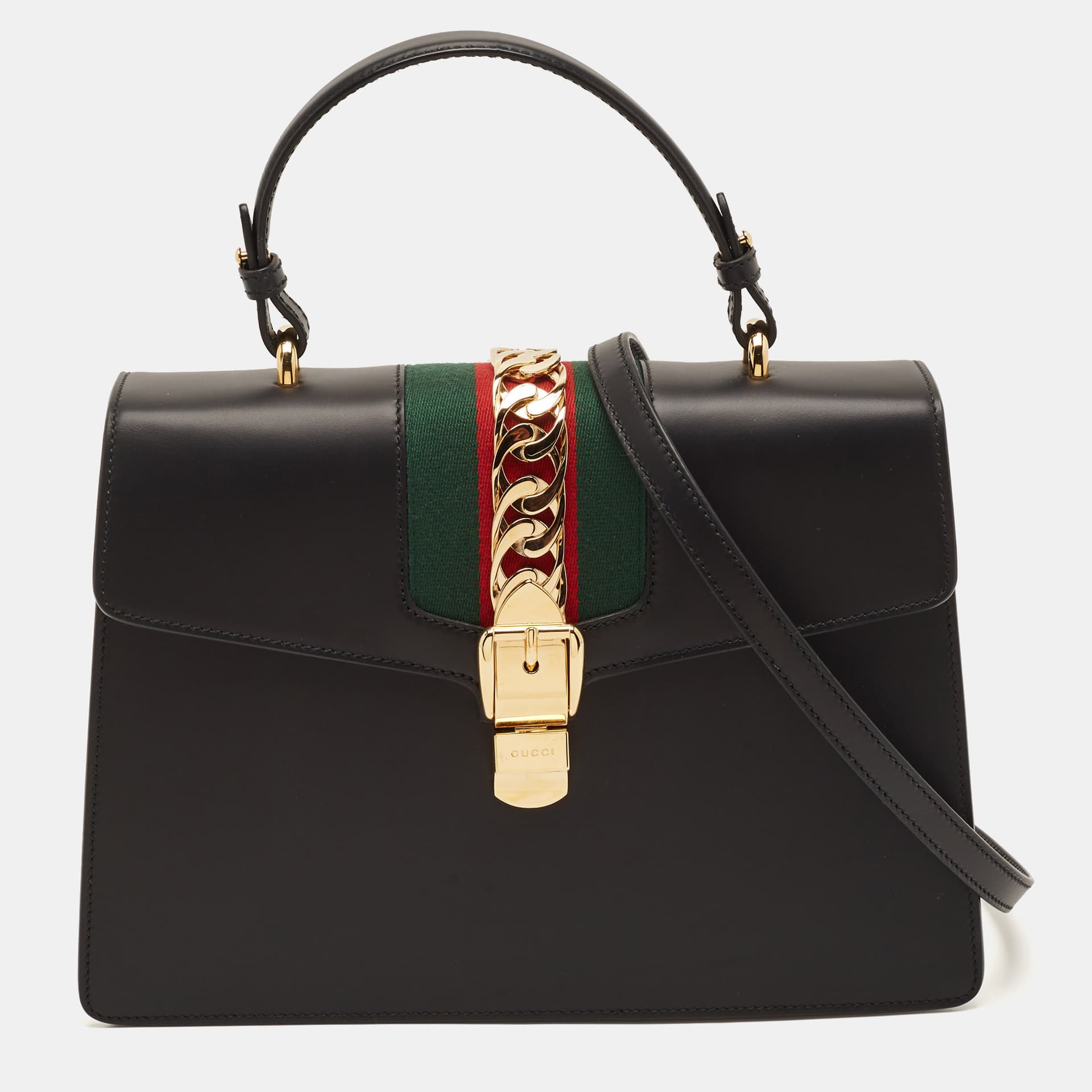 Gucci Sylvie Medium Black Leather Top Handle Bag