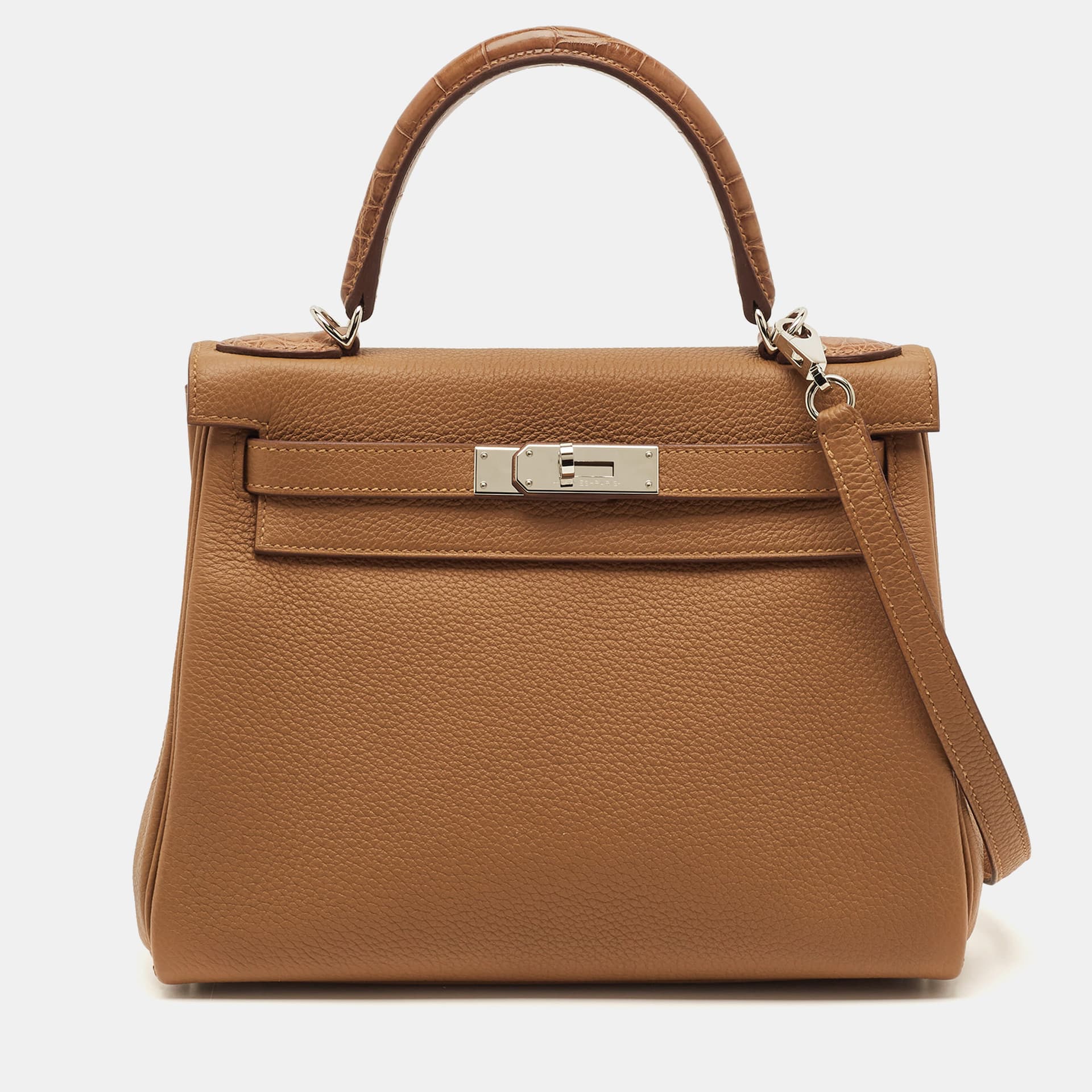 Herm&egrave;s Kelly Retourne Touch 28 Palladium Finish Gold Matte Alligator and Togo Leather Top Handle Bag