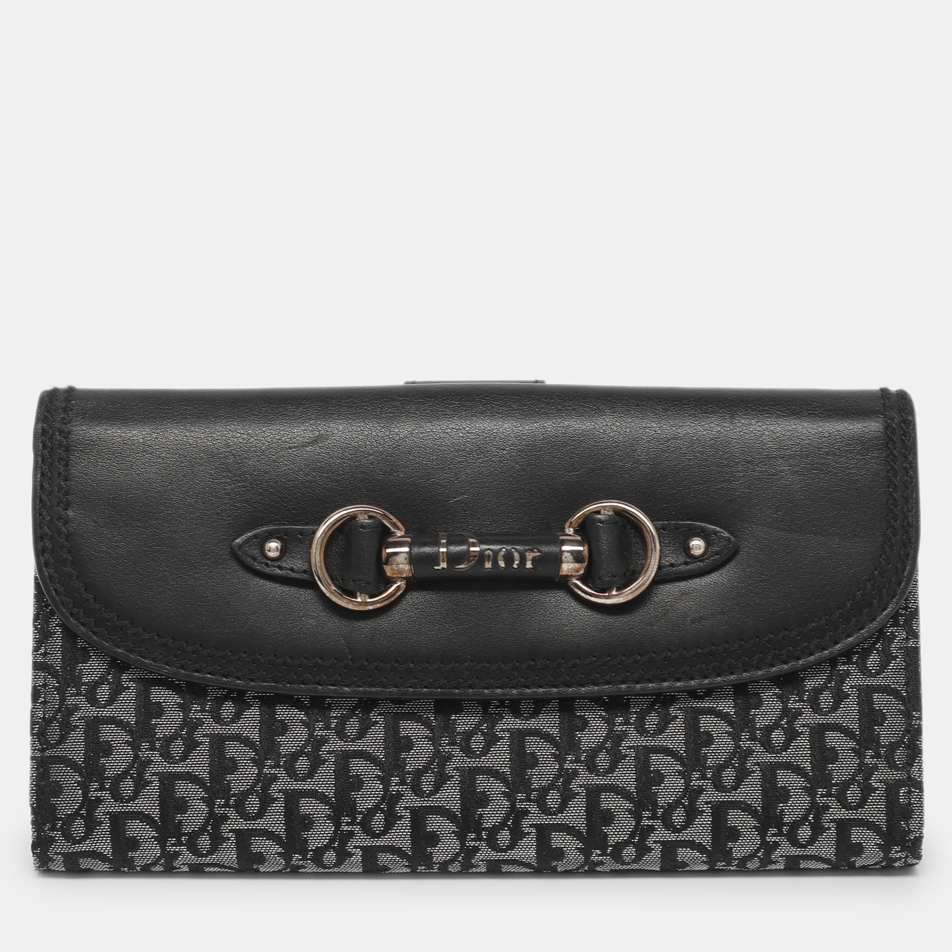 Dior Black/Silver Leather and Oblique Nylon French Long Wallet
