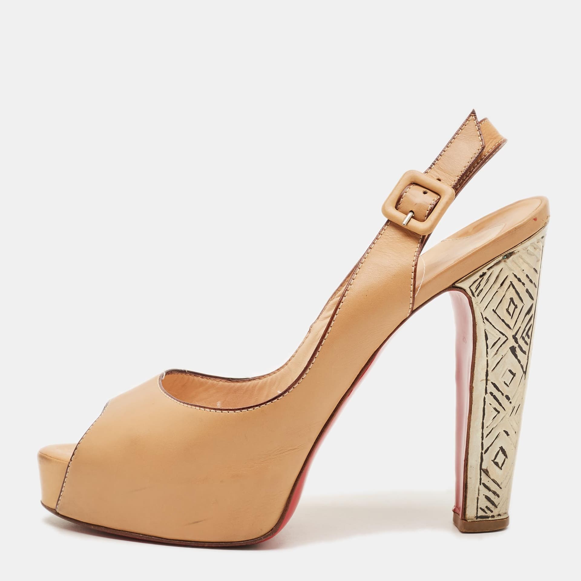 Christian Louboutin Private Number Size 39 Tan Leather Peep Toe Pumps