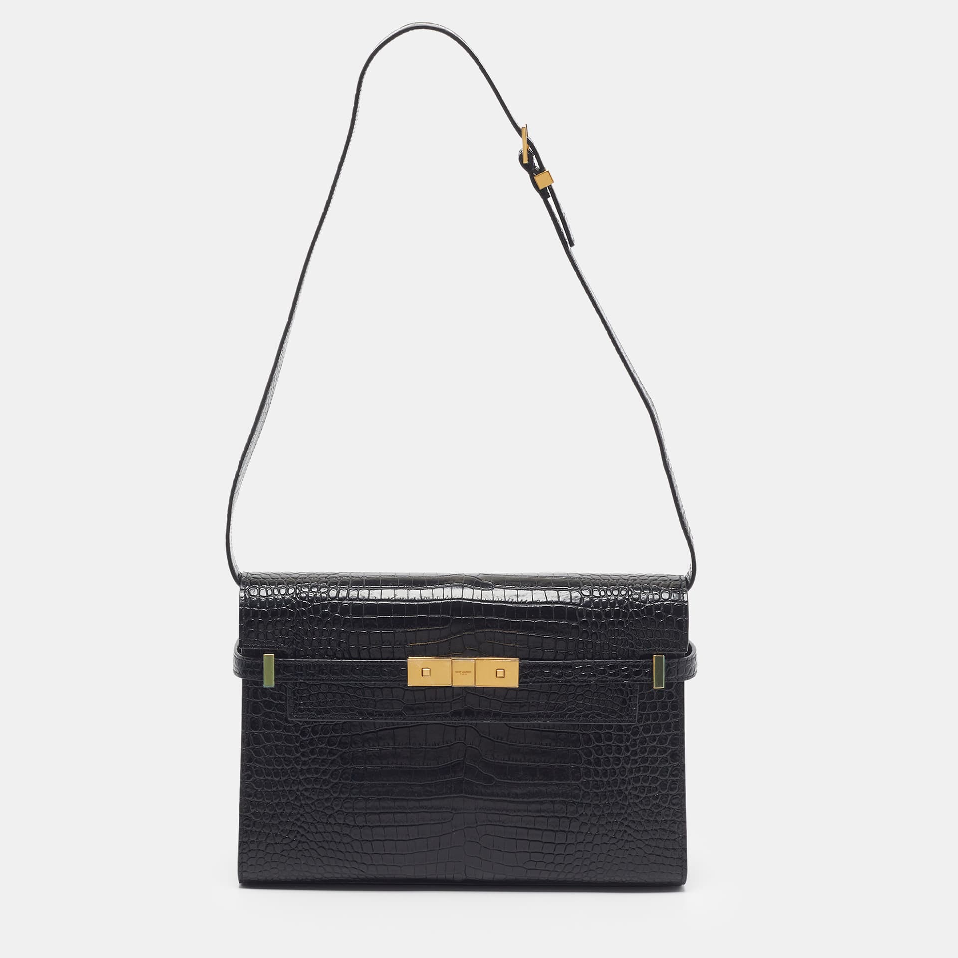 Saint Laurent Manhattan Medium Black Croc Embossed Leather Shoulder Bag