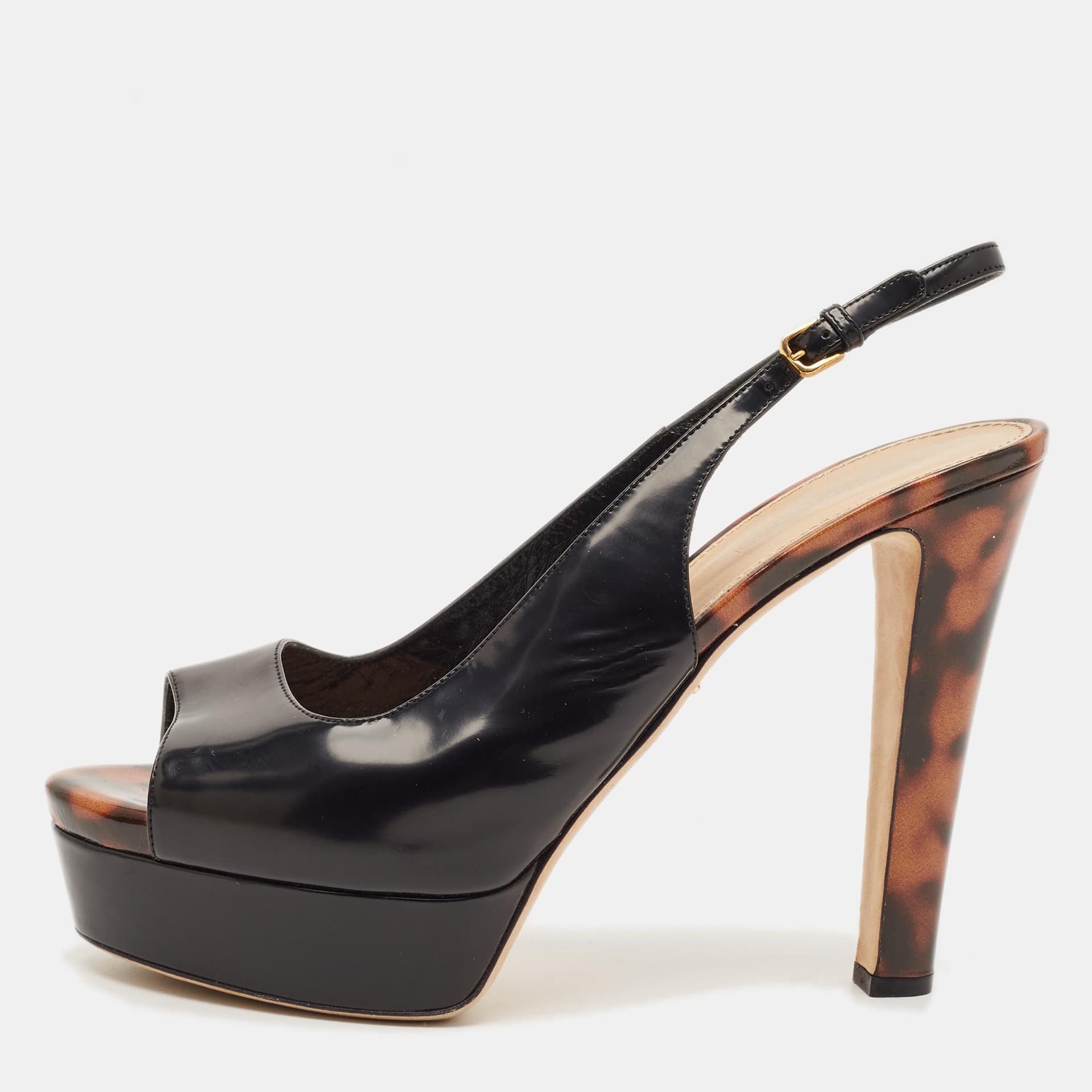 Sergio Rossi Size 40 Black Patent Leather Platform Slingback Sandals