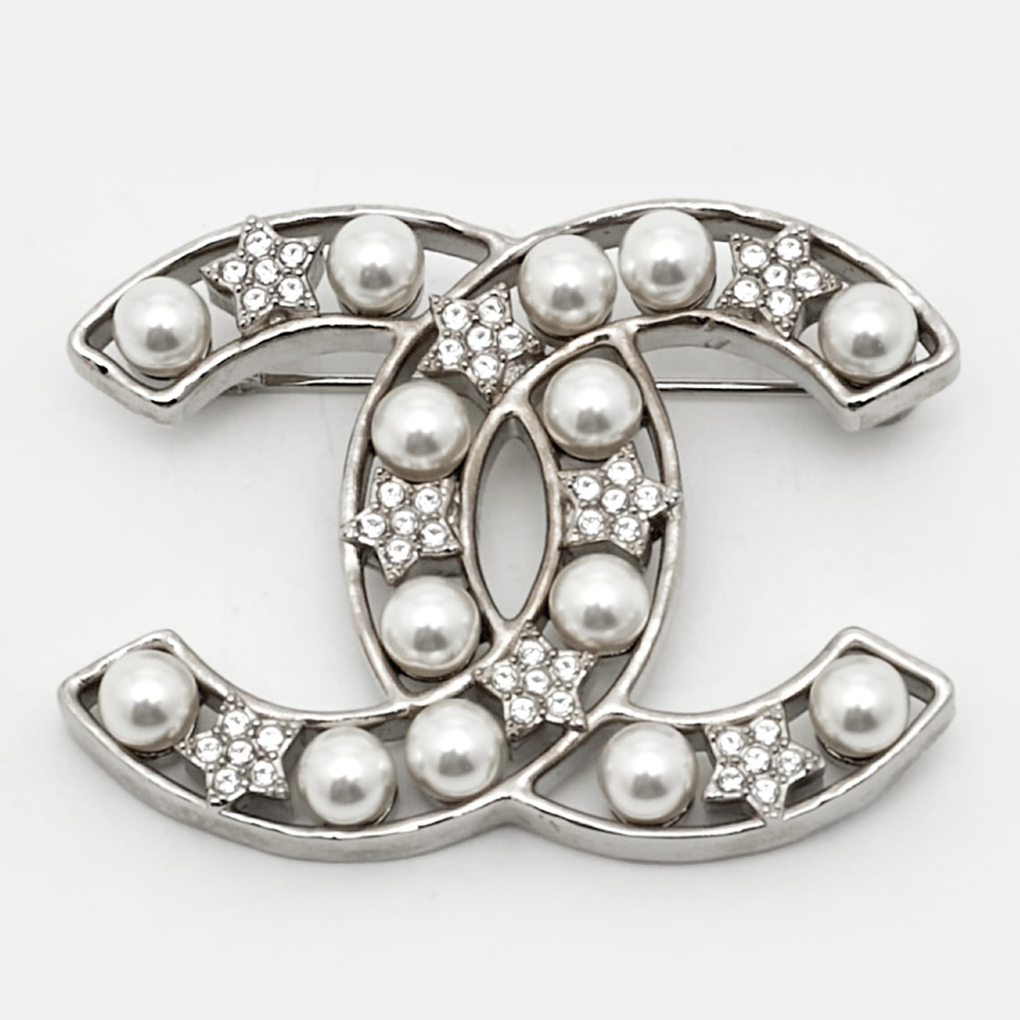 Chanel CC Faux Pearl Crystals Silver Tone Brooch