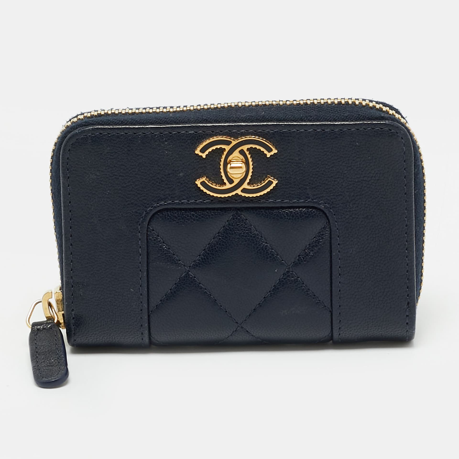 Chanel Vintage Mademoiselle Navy Blue Quilted Leather Coin Purse