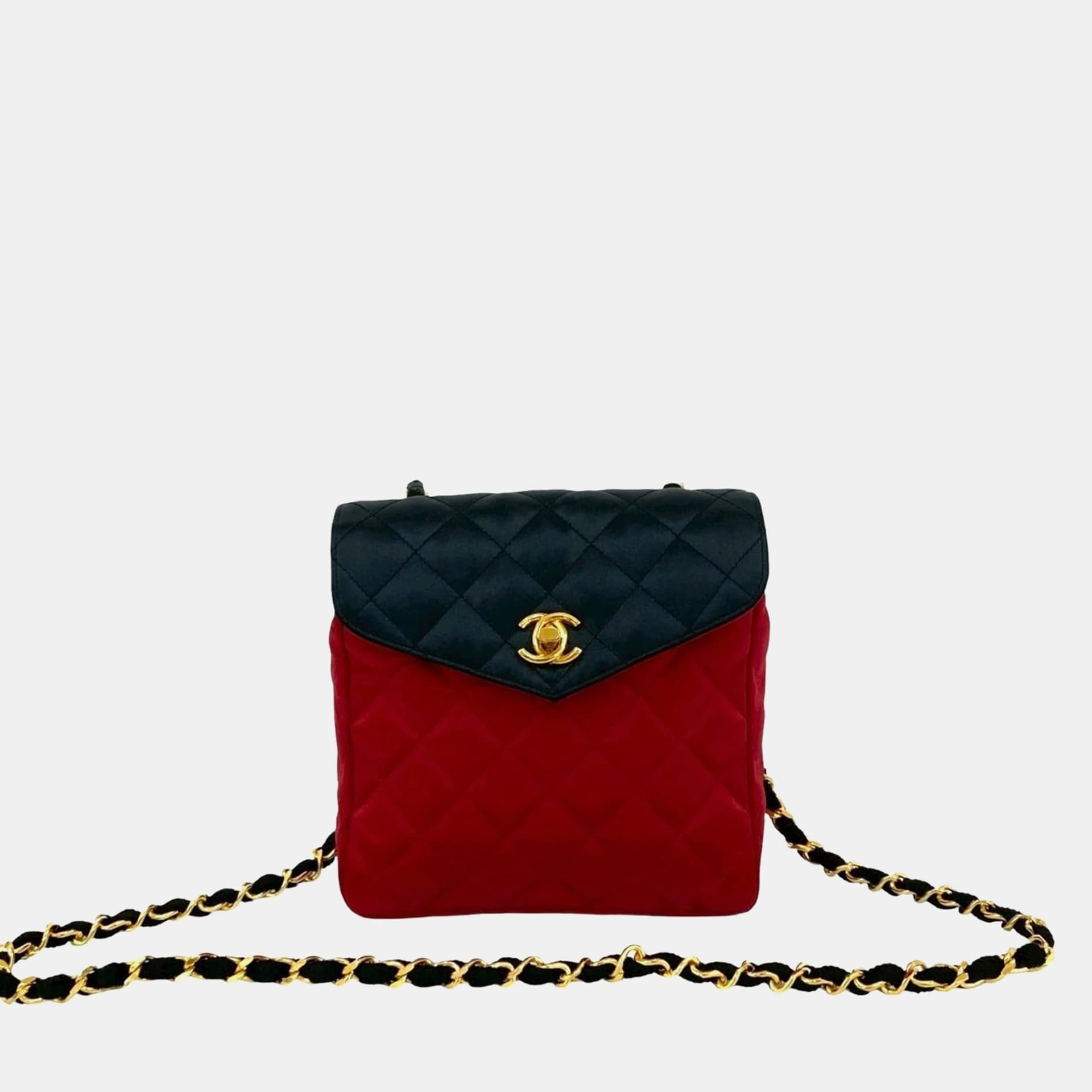 Chanel Vintage Matelasse Coco Mark Satin Chain Shoulder Bag In Black And Red