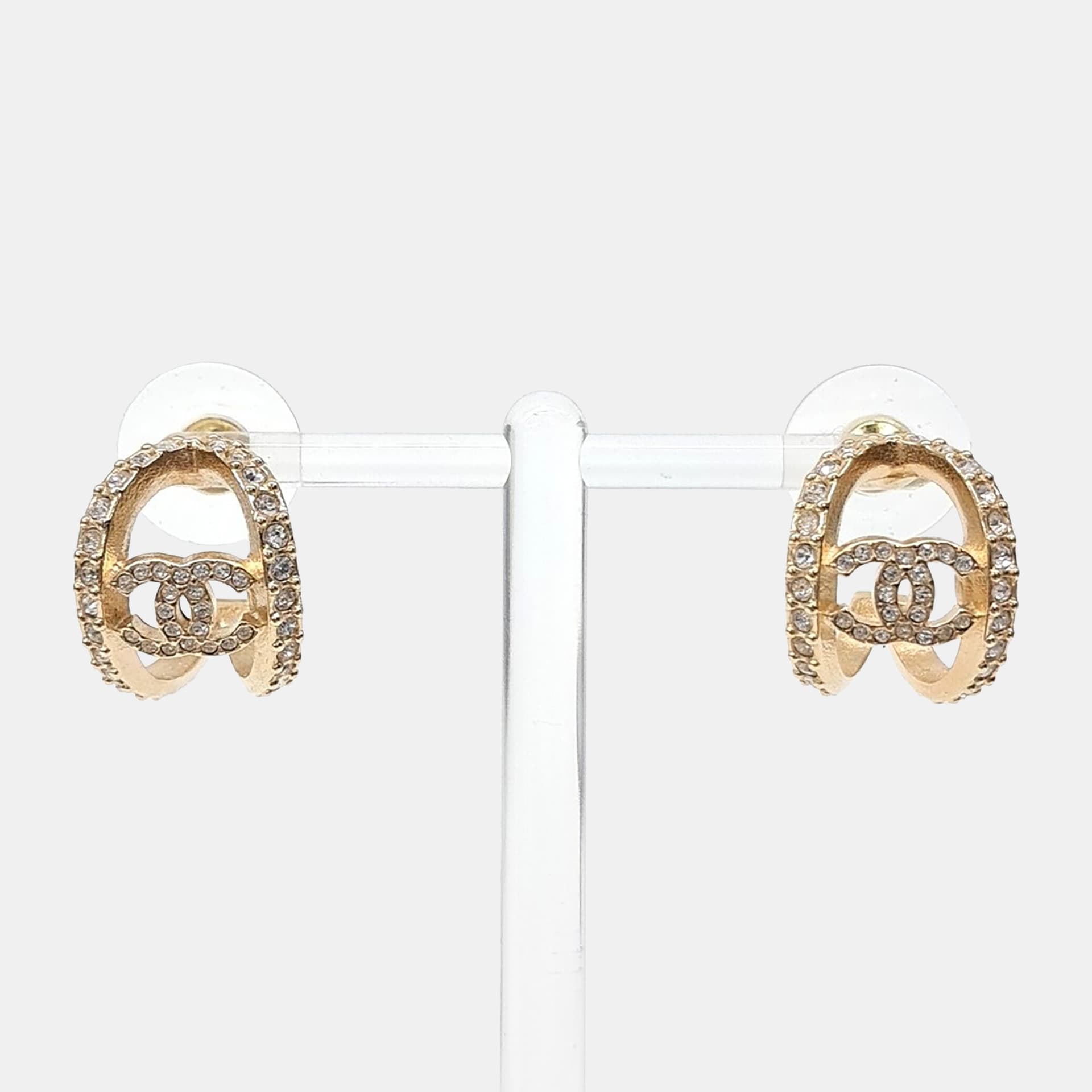 Chanel Crystal Strass CC Double Hoop Gold Tone Earrings