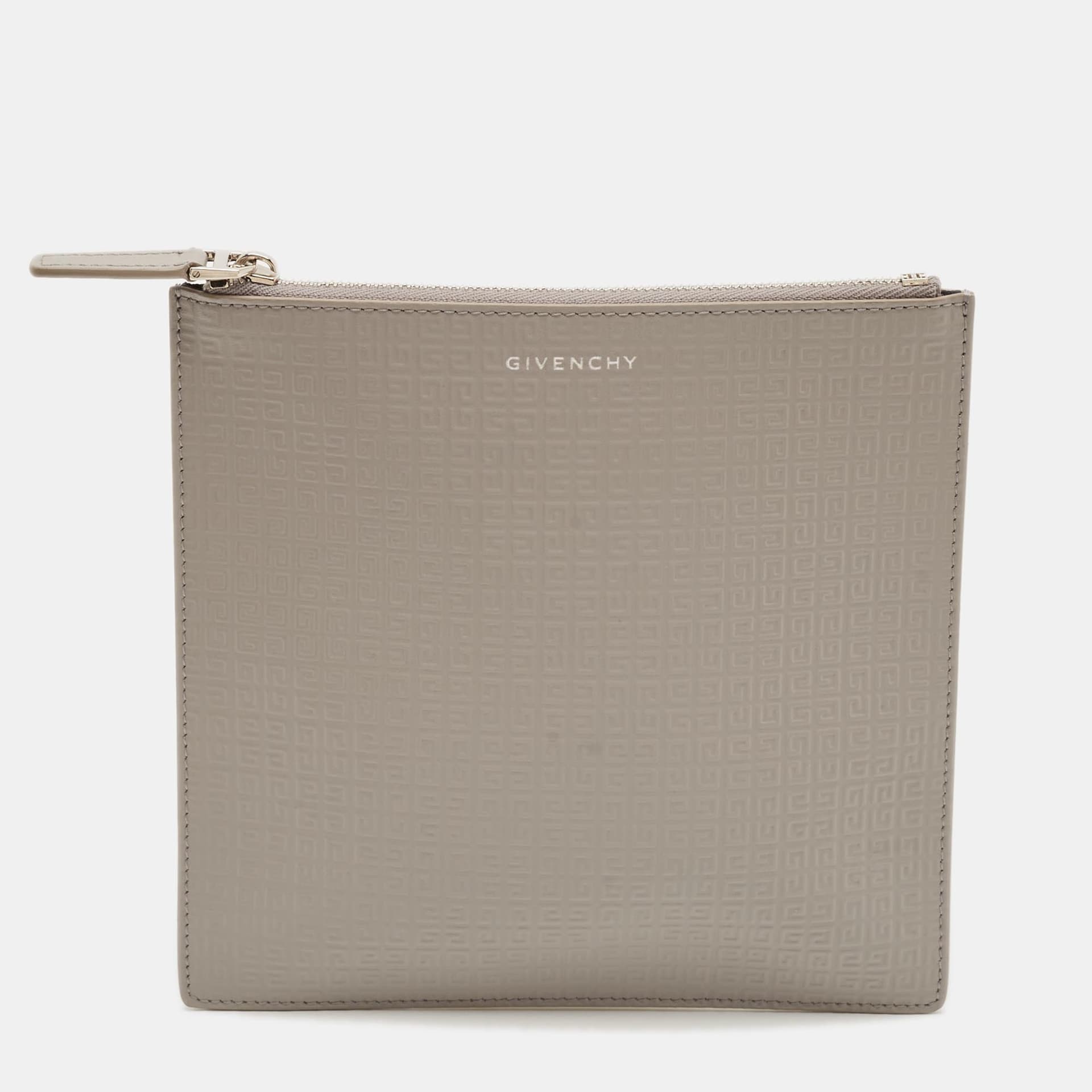 Givenchy 4G Grey Monogram Embossed Leather Flat Pouch