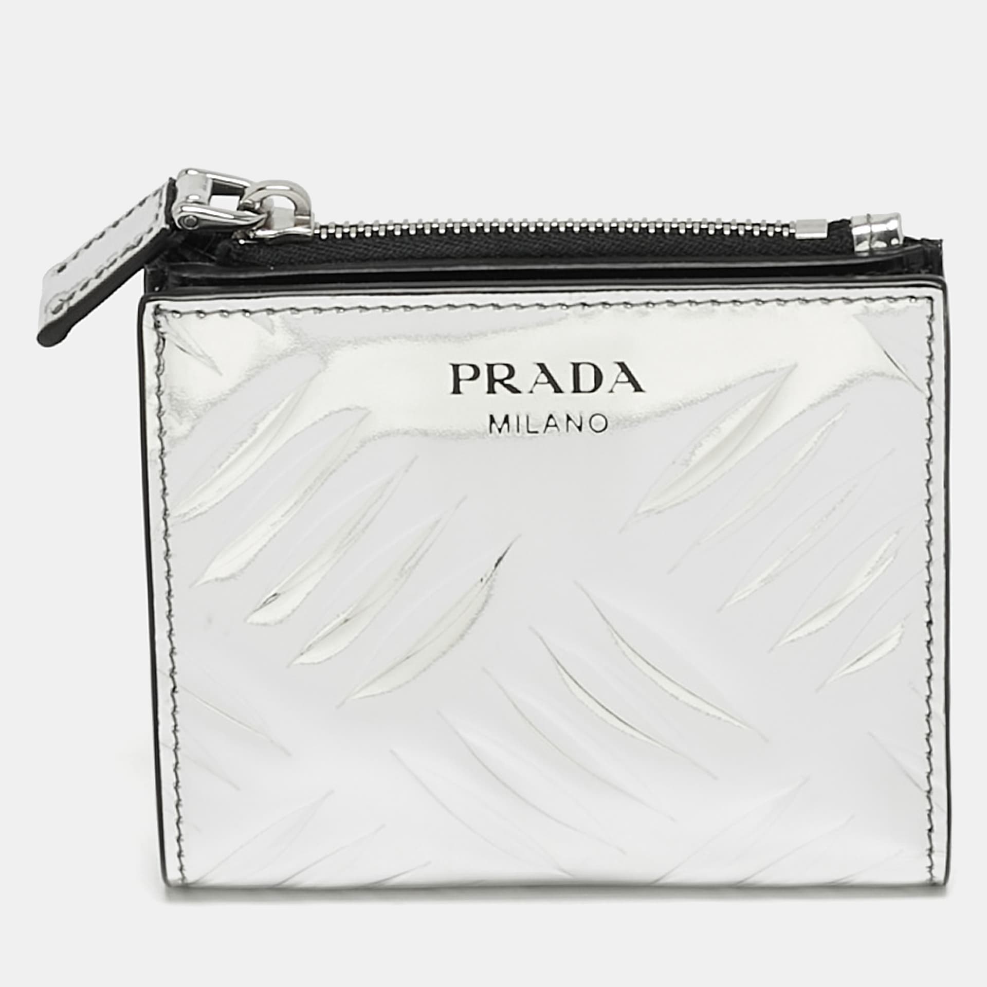 Prada Silver Embossed Patent Leather Bifold Wallet