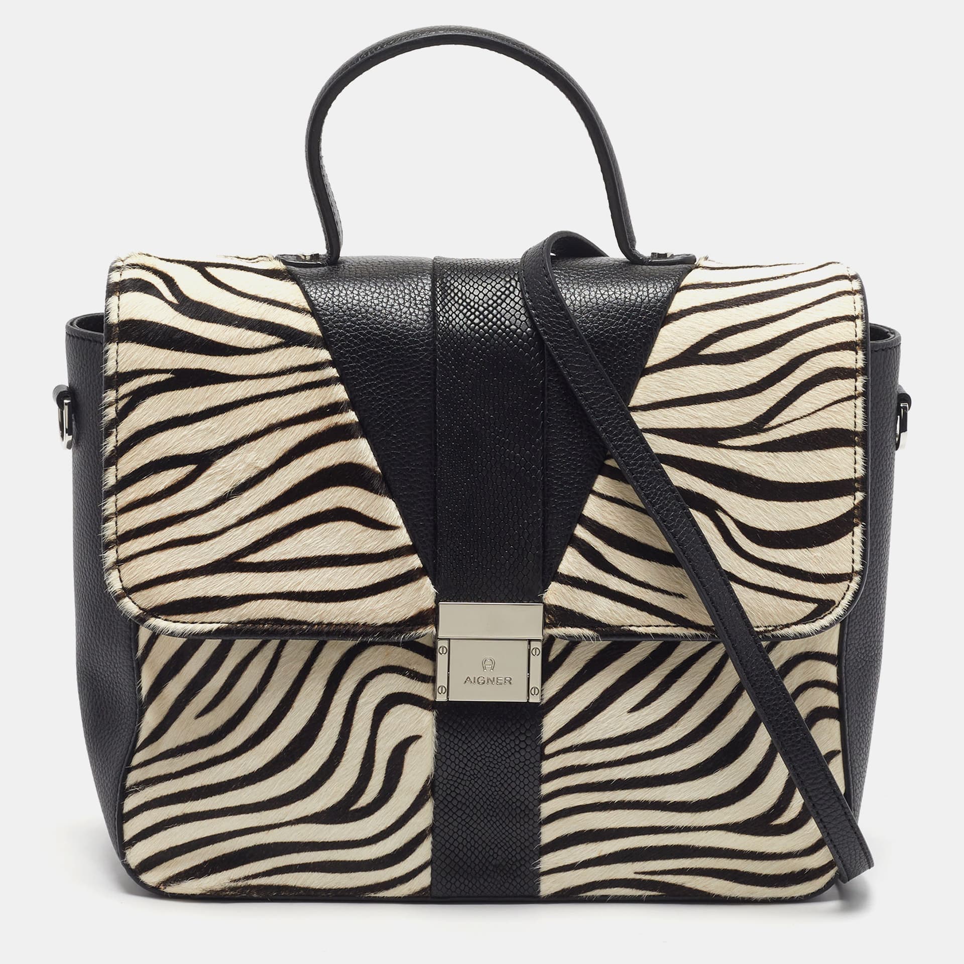 Aigner Black/White Zebra Print Calf Hair and Leather Top Handle Bag