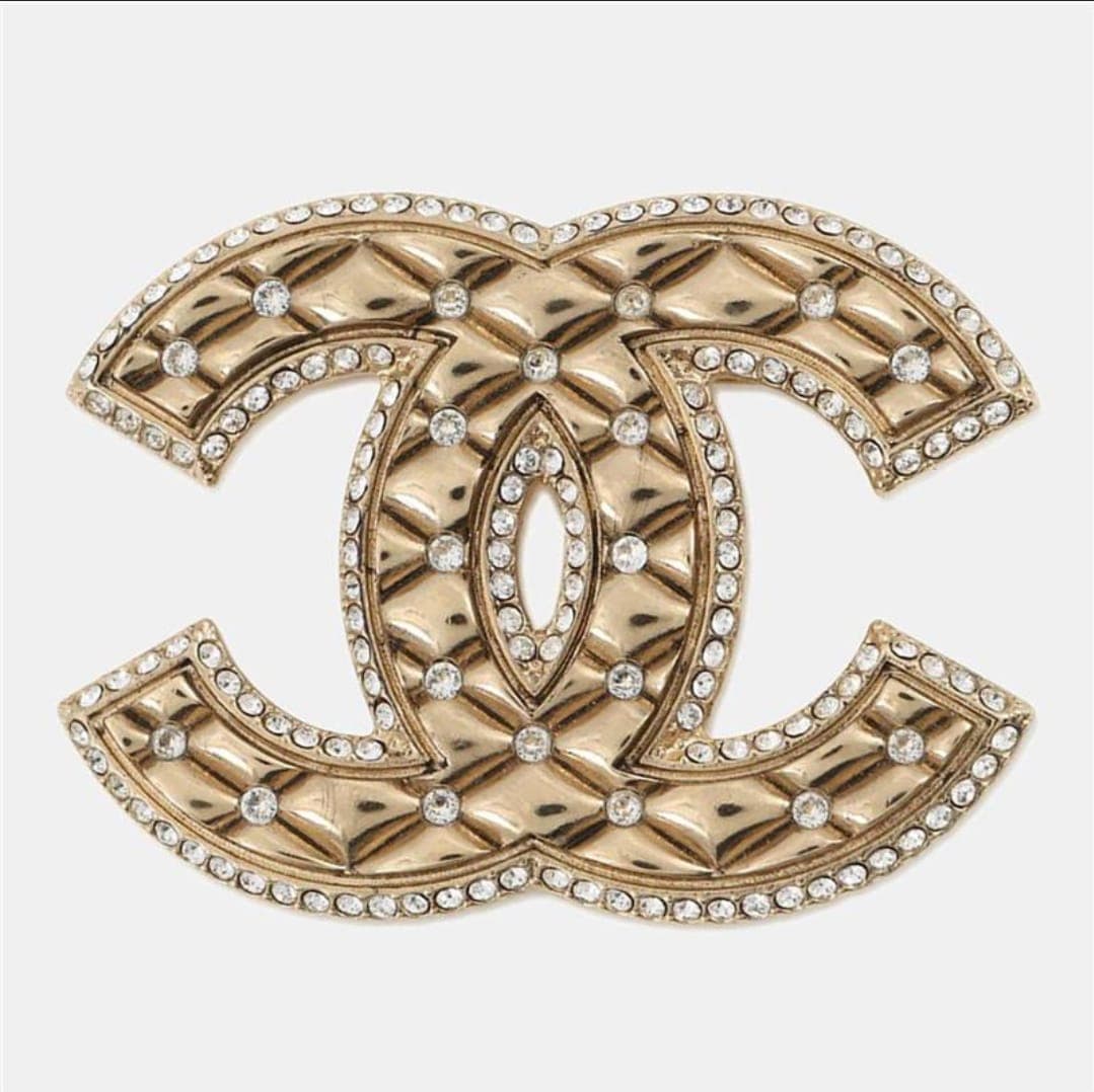 Chanel Rhinestone Cc Logo Brooch Champagne Gold Metal Rhinestone