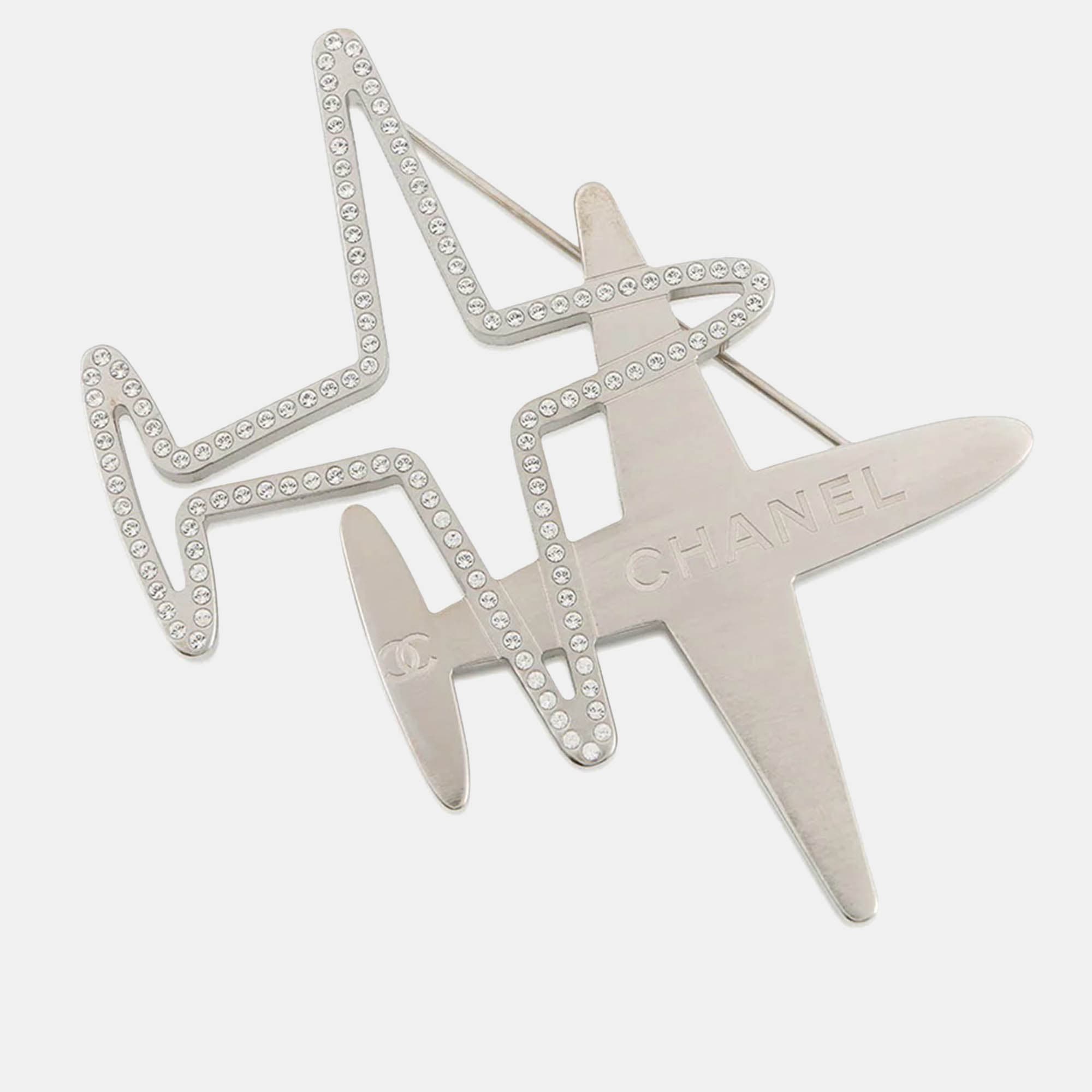 Chanel Airplane Motif Brooch Silver Metal Rhinestone