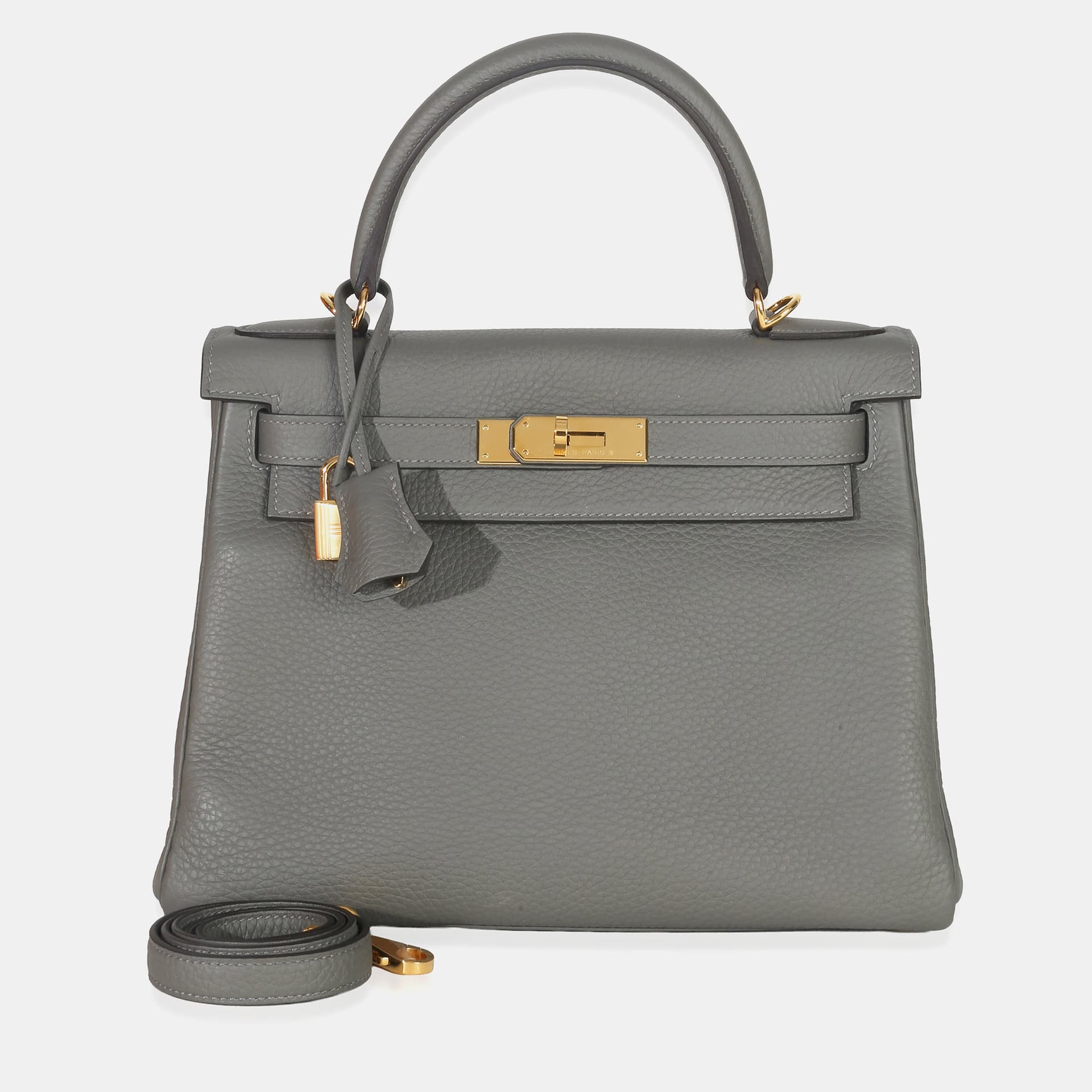 Hermes Kelly Retourne 28 Gris Meyer Clemence Leather Top Handle Bag