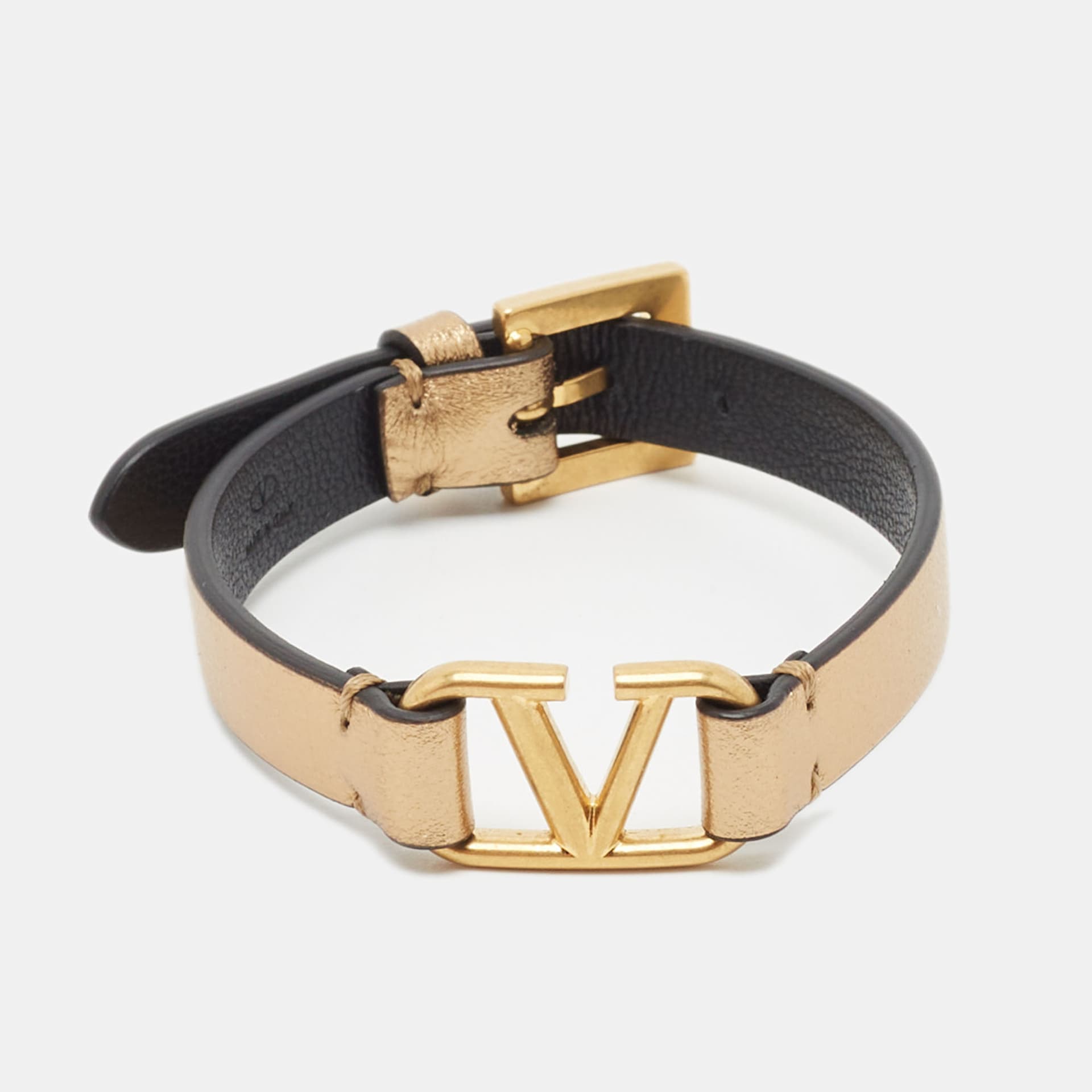 Valentino VLogo Leather Gold Tone Bracelet