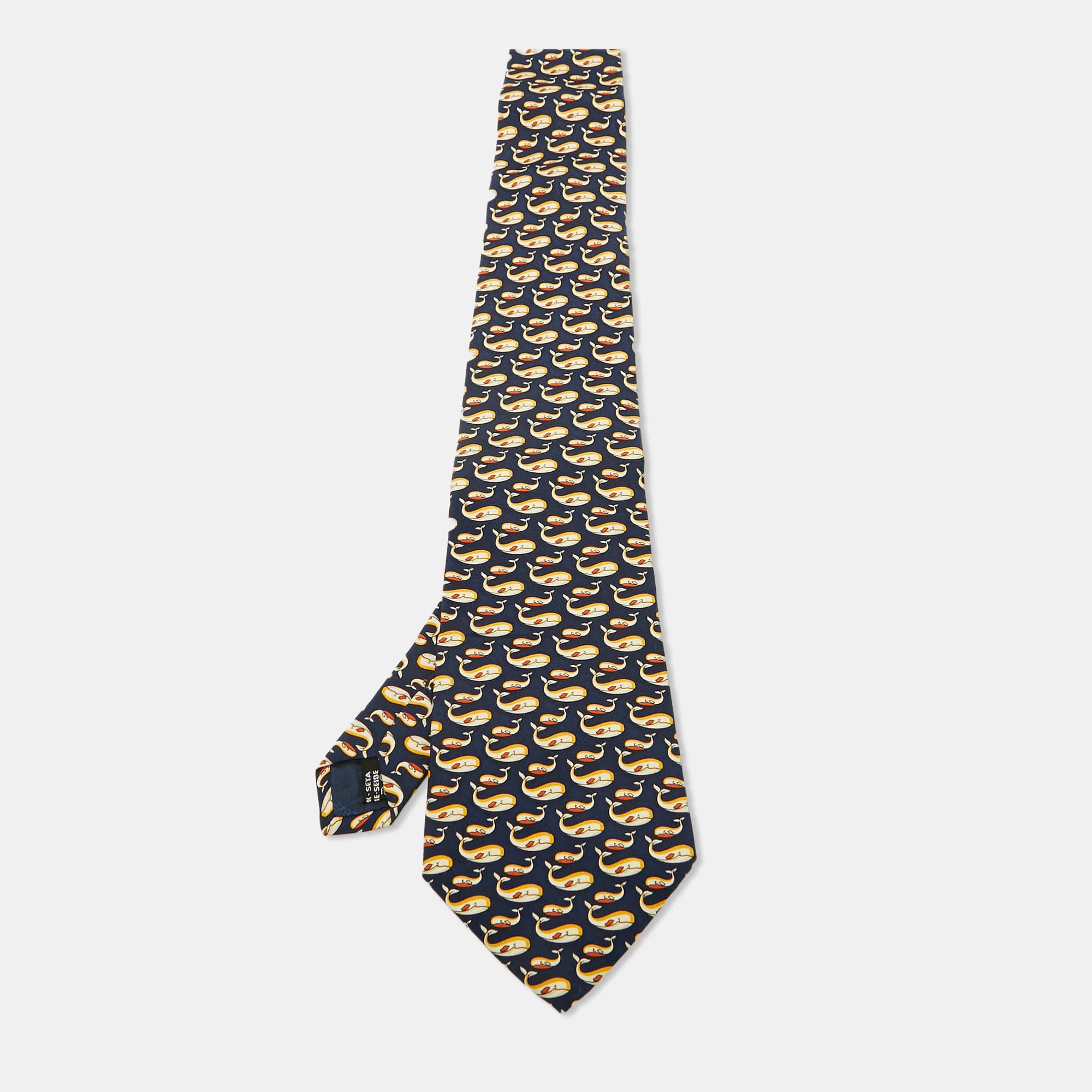 Salvatore Ferragamo Navy Blue Whale Print Silk Traditional Tie