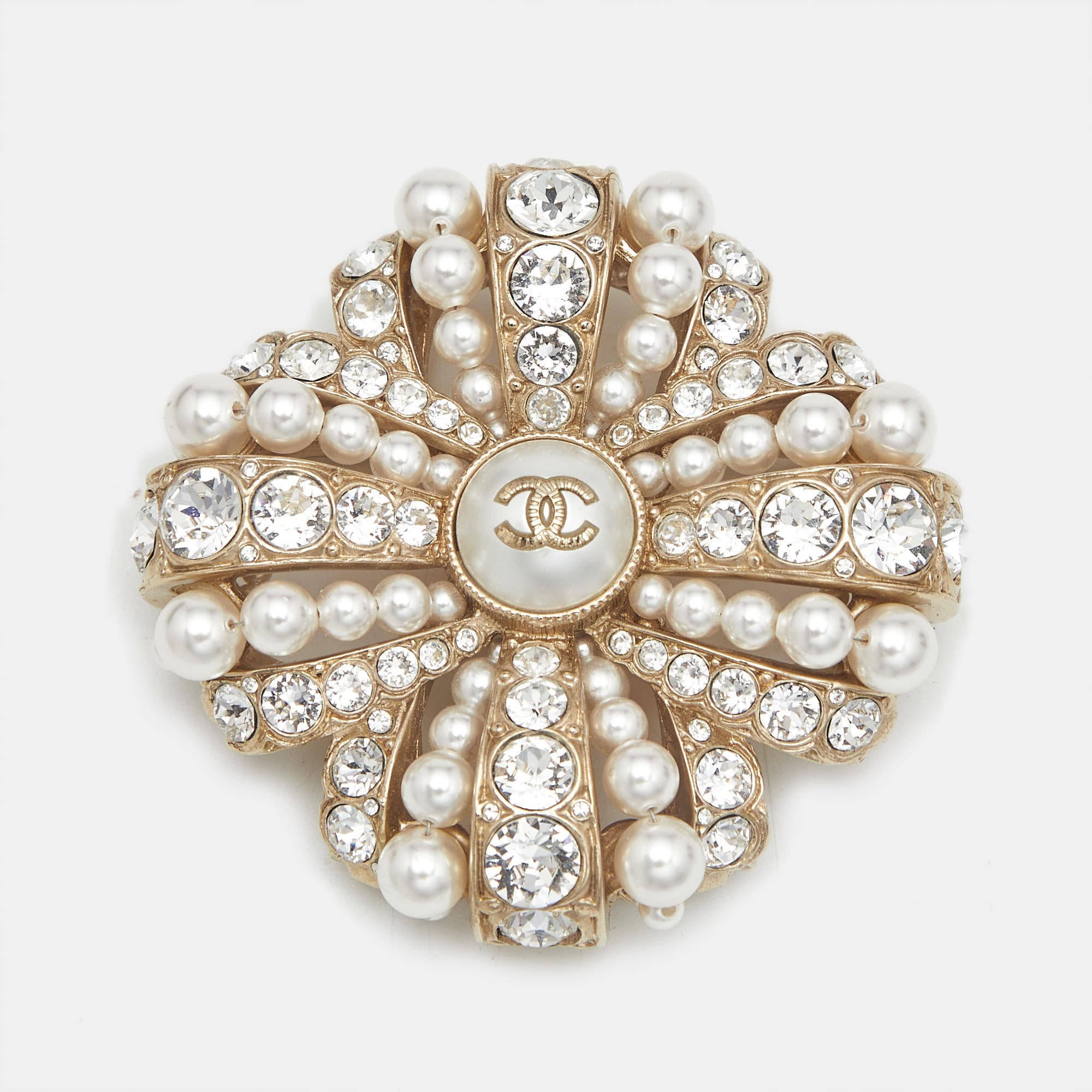 Chanel CC Crystals Faux Pearl Gold Tone Brooch