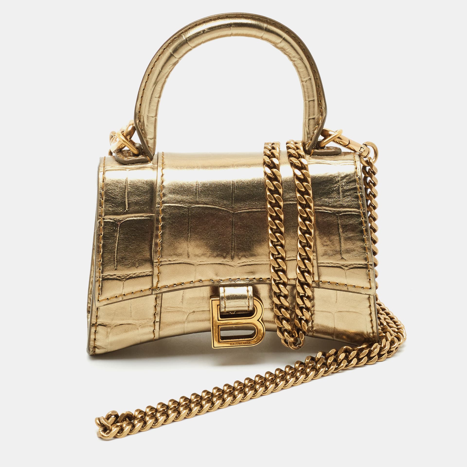 Balenciaga Hourglass Mini Gold Croc Embossed Leather Top Handle Bag