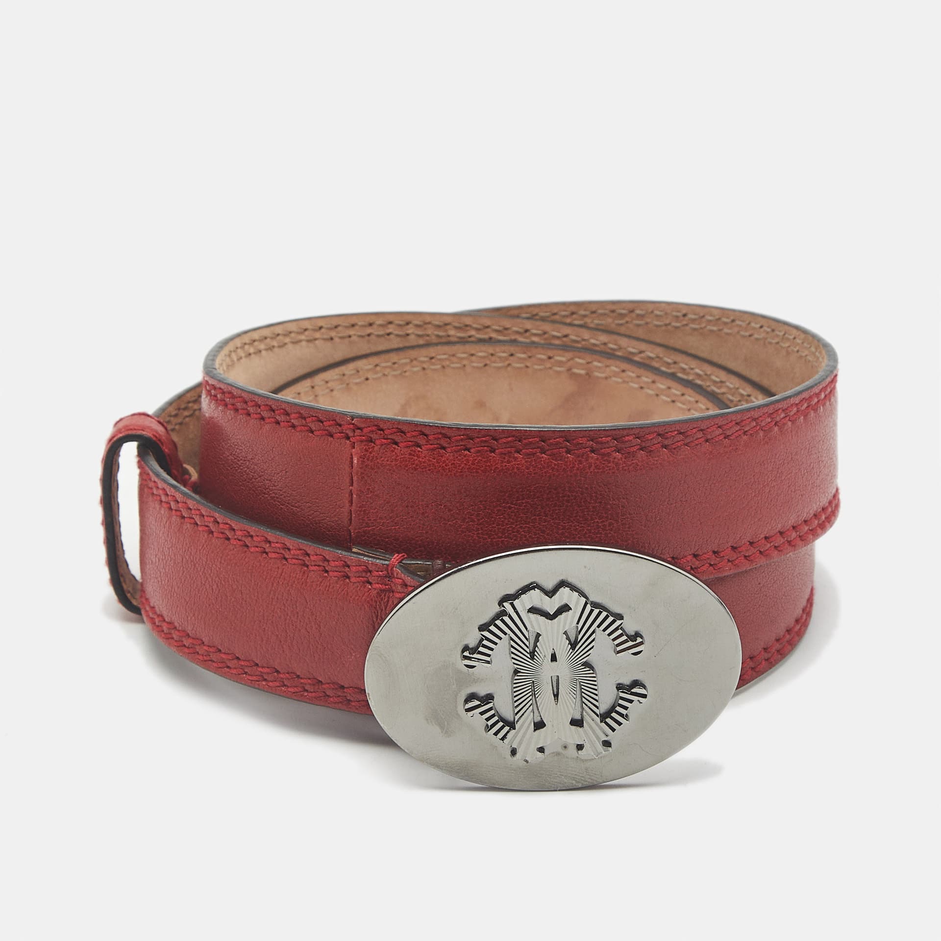 Roberto Cavalli RC Logo 85 CM Buckle Belt Red Leather