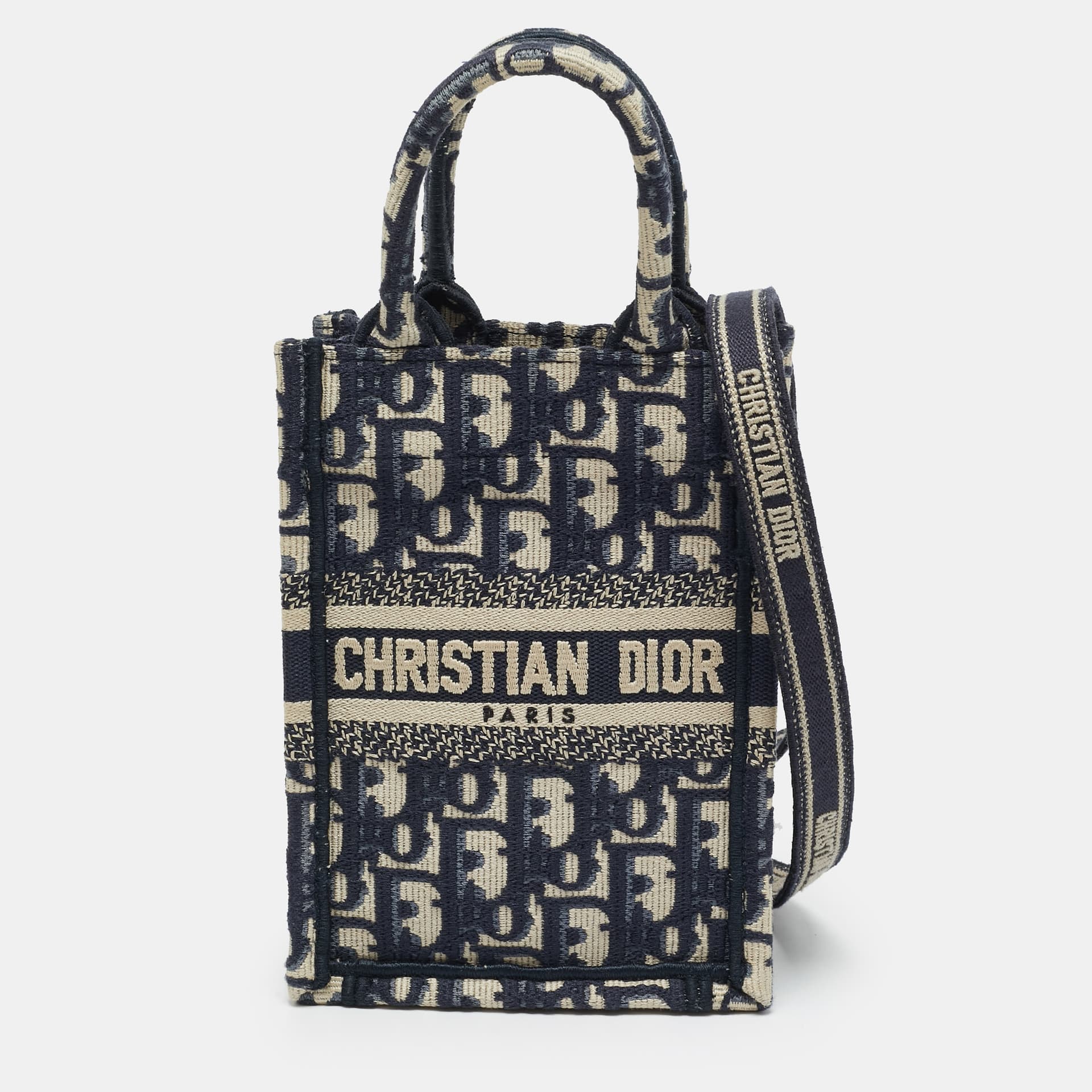 Dior Book Phone Mini Blue Oblique Embroidered Canvas Tote