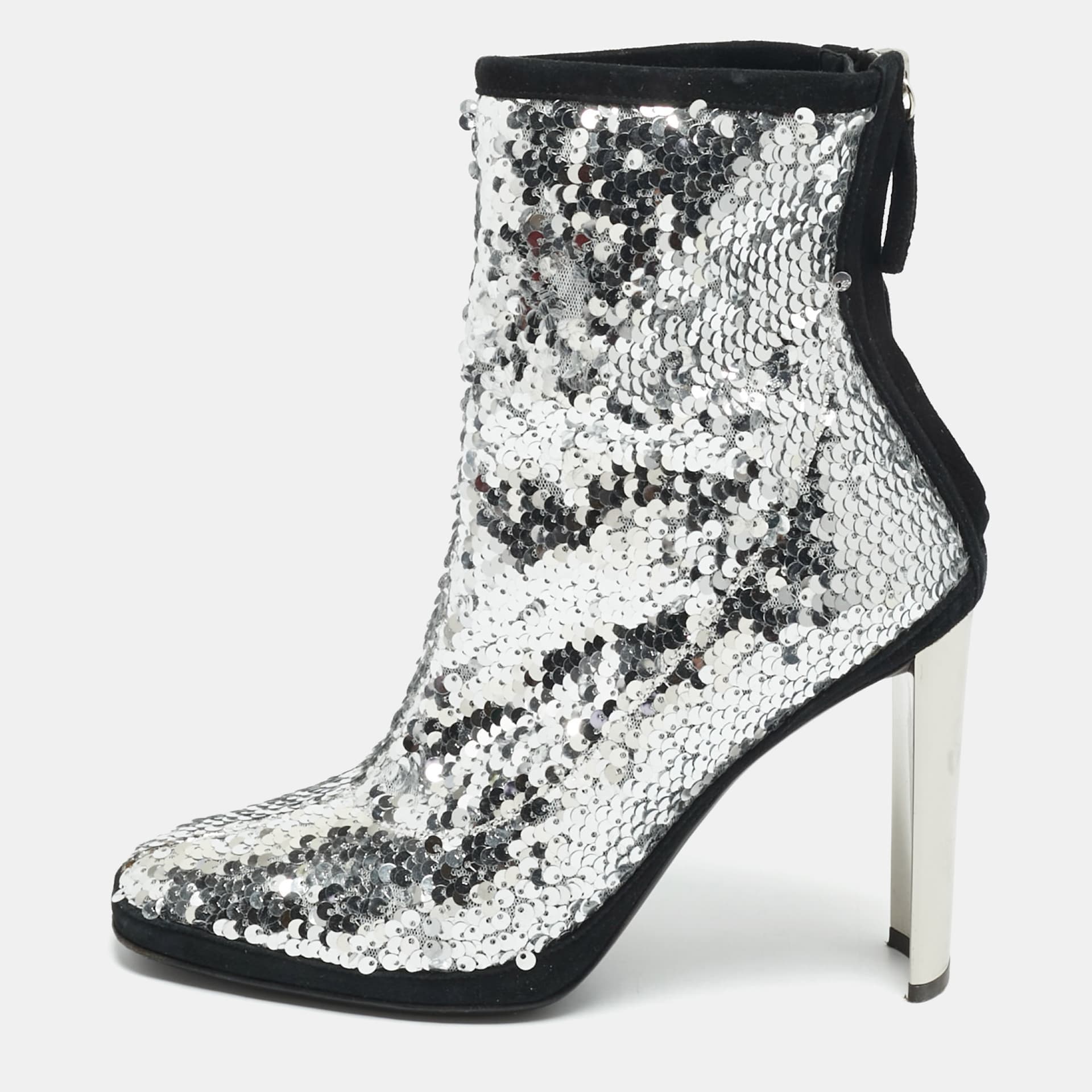 Giuseppe Zanotti Size 38 Silver Sequins and Suede Ankle Length Boots