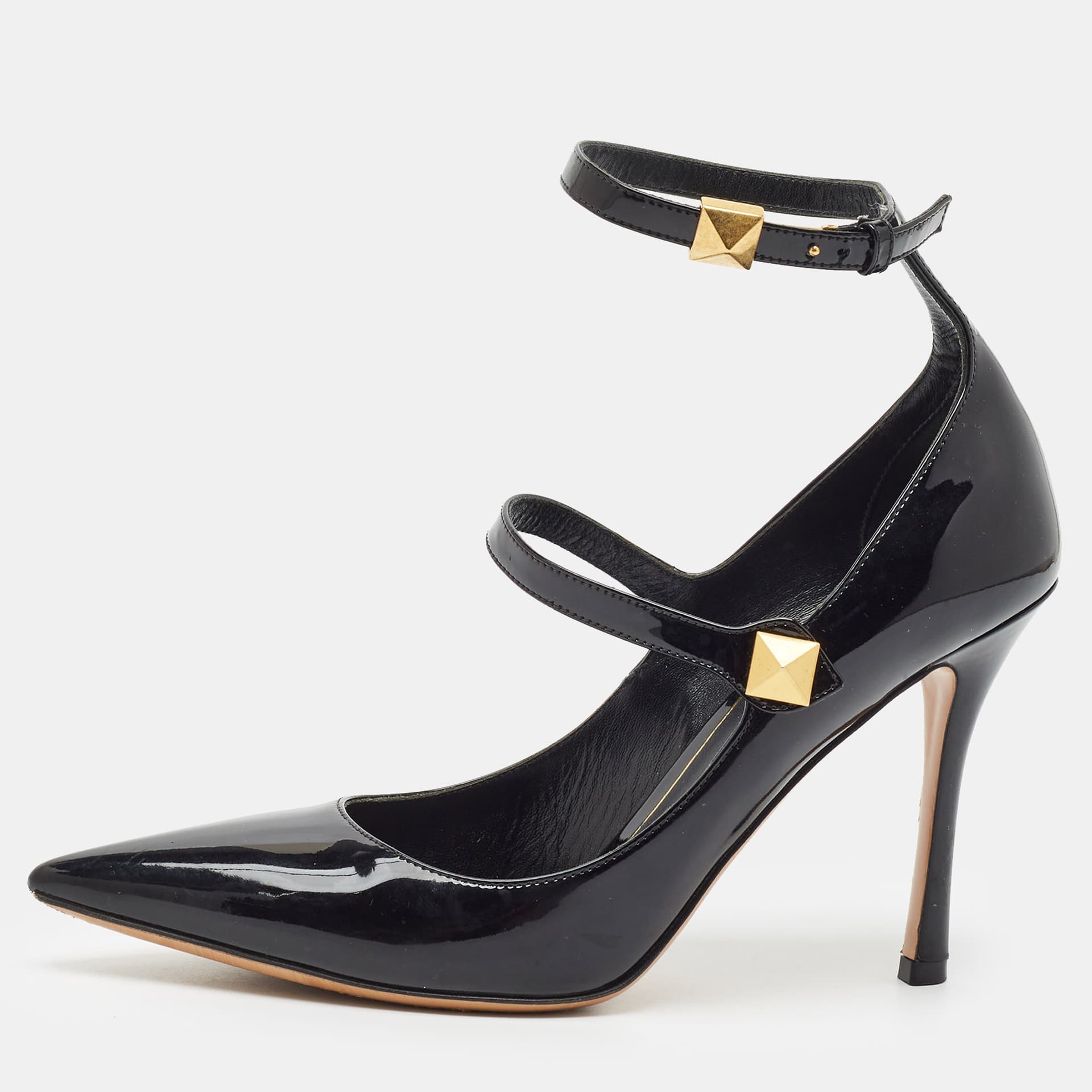 Valentino Rockstud Size 39 Black Patent Leather Ankle Strap Pumps