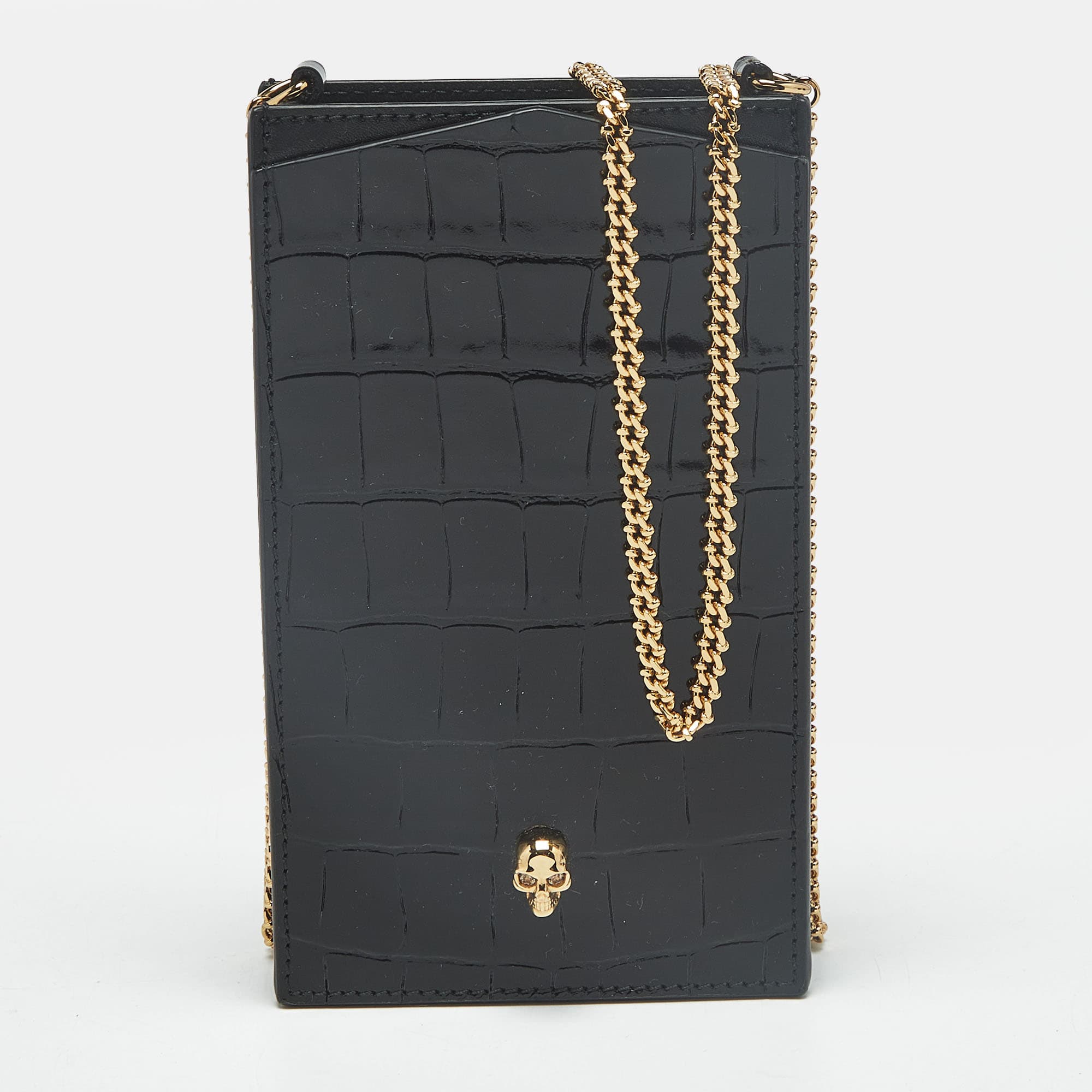 Alexander McQueen Skull Crystal Black Crocodile Embossed Leather Phone Case with Chain Strap