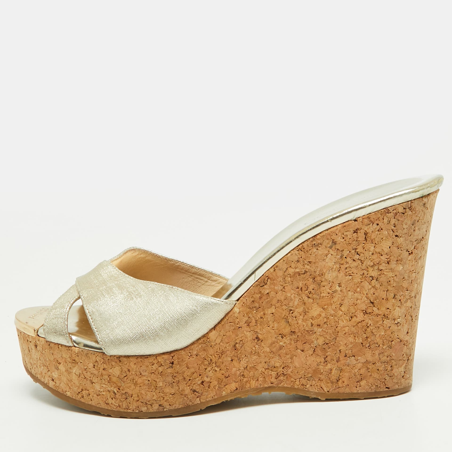Jimmy Choo Prima Size 39.5 Gold Foil Leather Cork Wedge Sandals