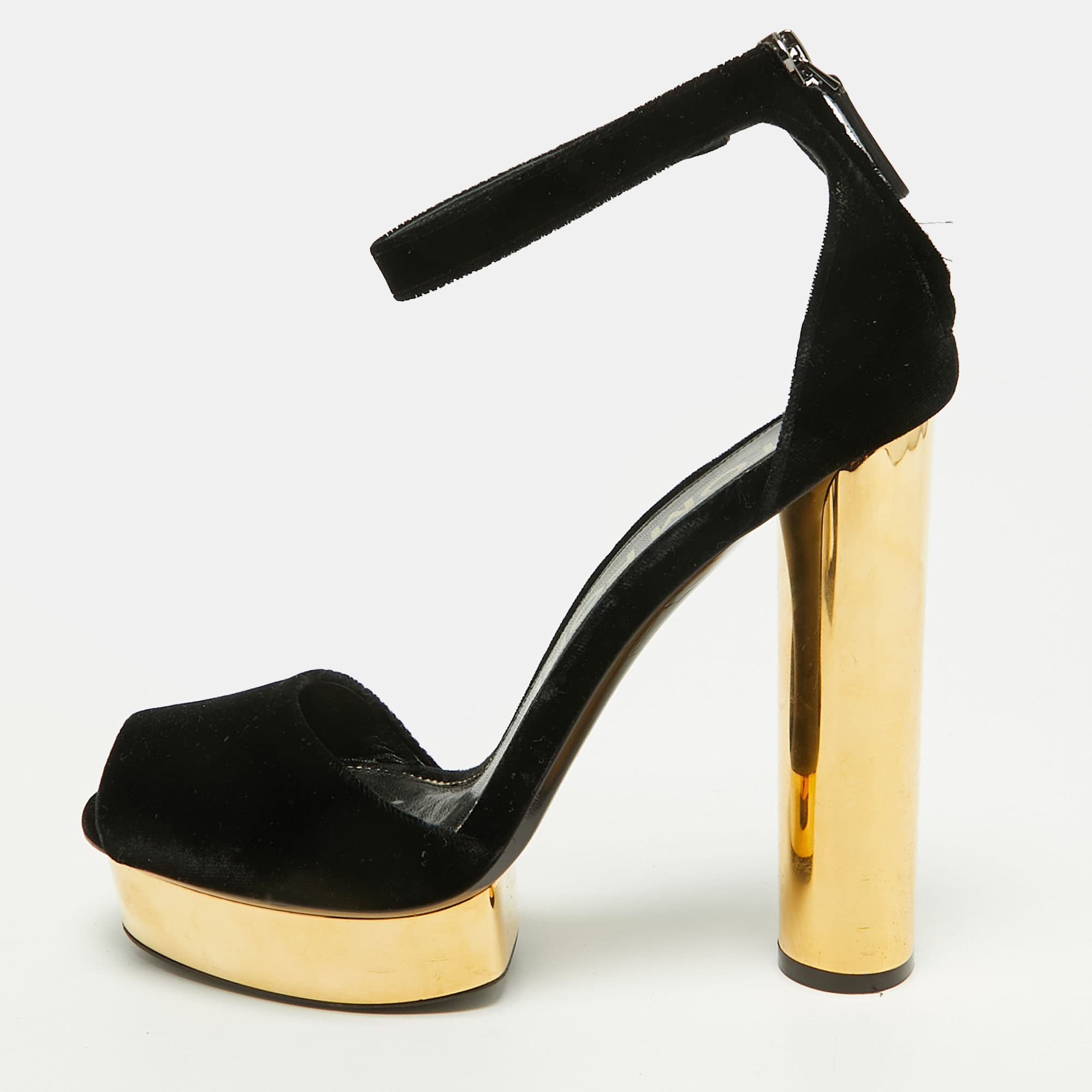 Tom Ford Size 40 Black/Gold Velvet Platform Ankle Strap Sandals