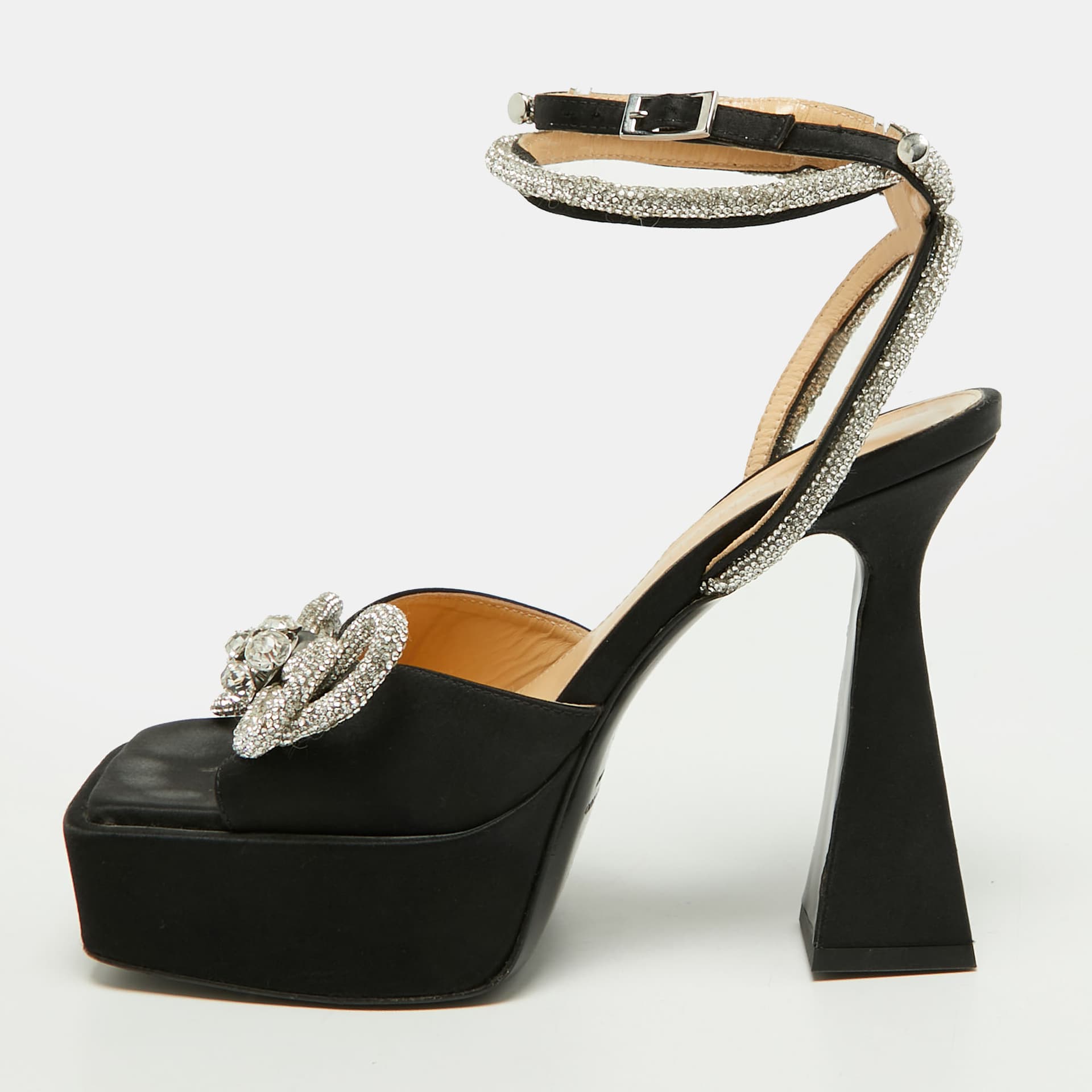 Mach & Mach Double Bow Size 38 Black Satin Platform Ankle Strap Sandals