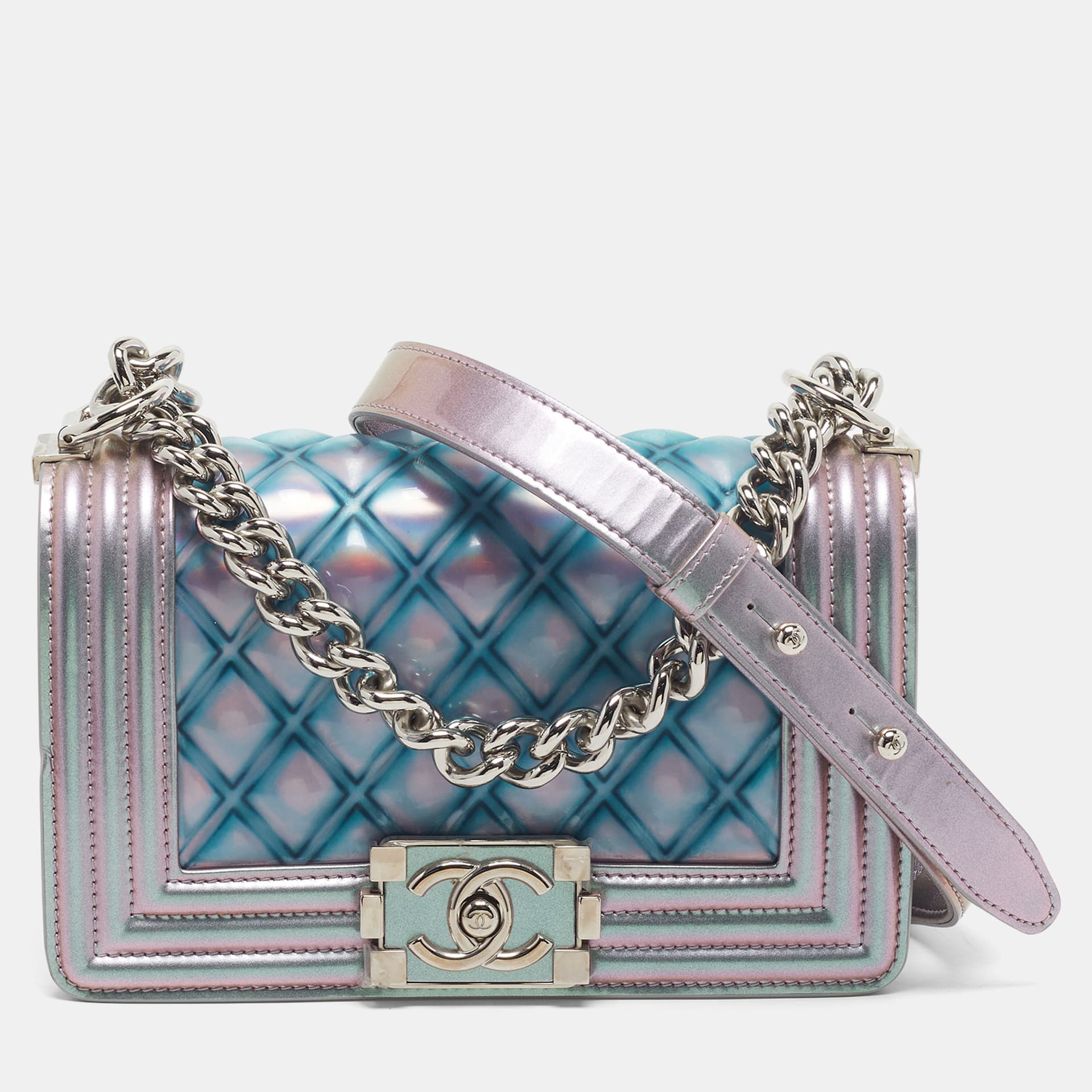 Chanel Boy Iridescent Blue Small Quilted PVC and Leather Flap Bag