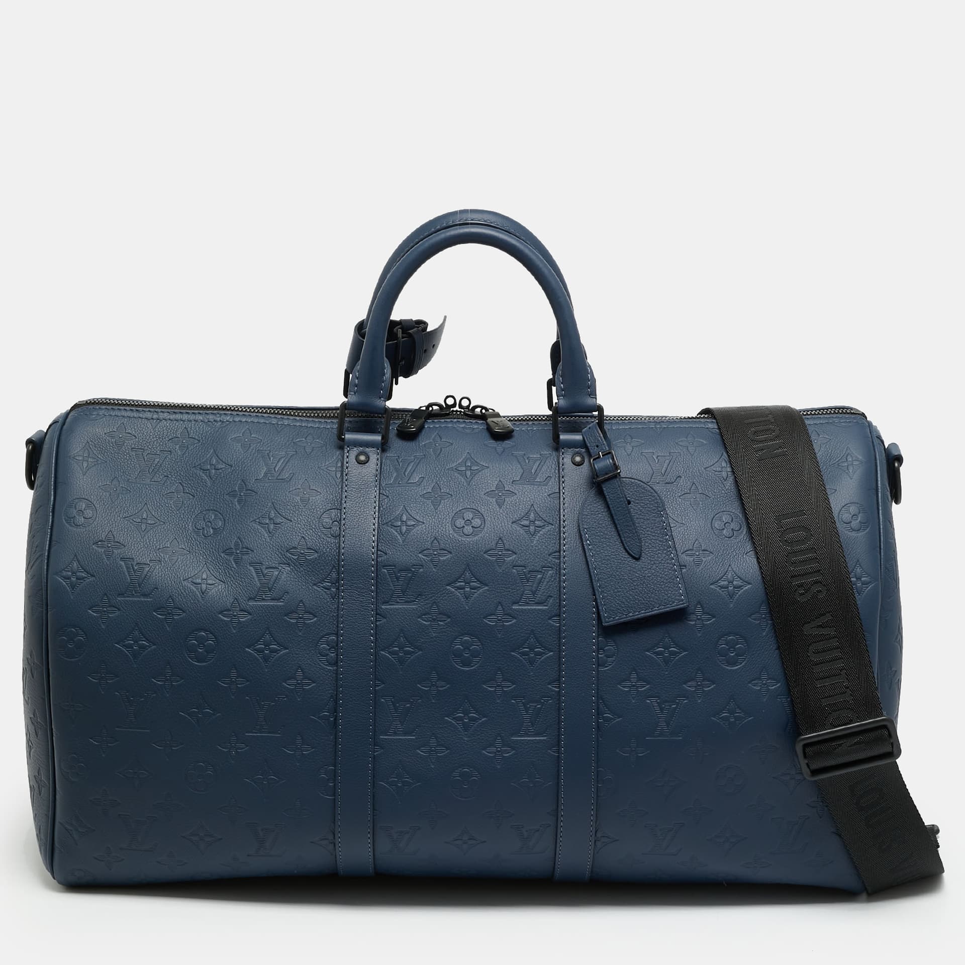 Louis Vuitton Keepall Bandouliere 50 Navy Blue Monogram Shadow Leather Duffel Bag