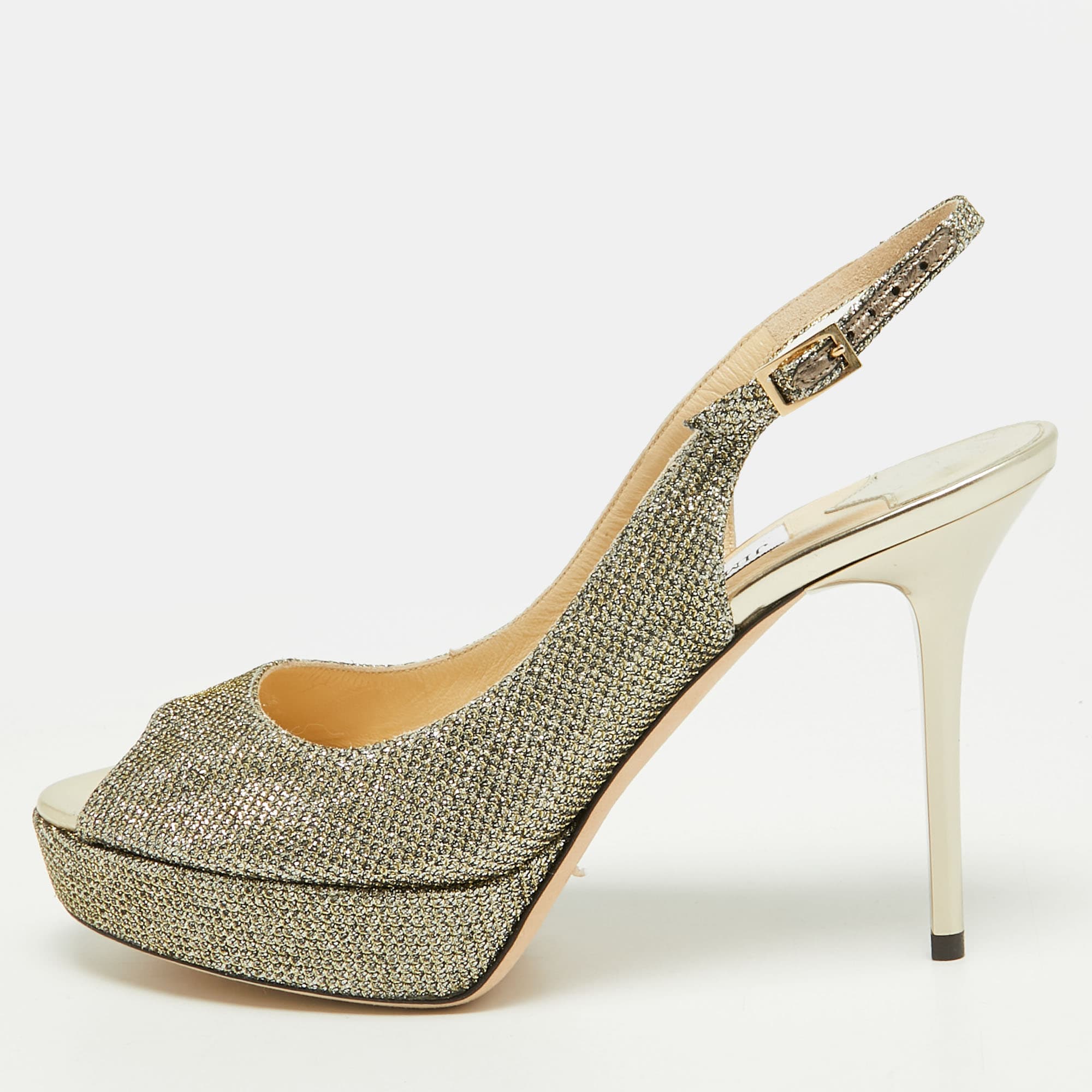 Jimmy Choo Verity Size 35 Metallic Lurex Fabric Peep Toe Platform Slingback Sandals