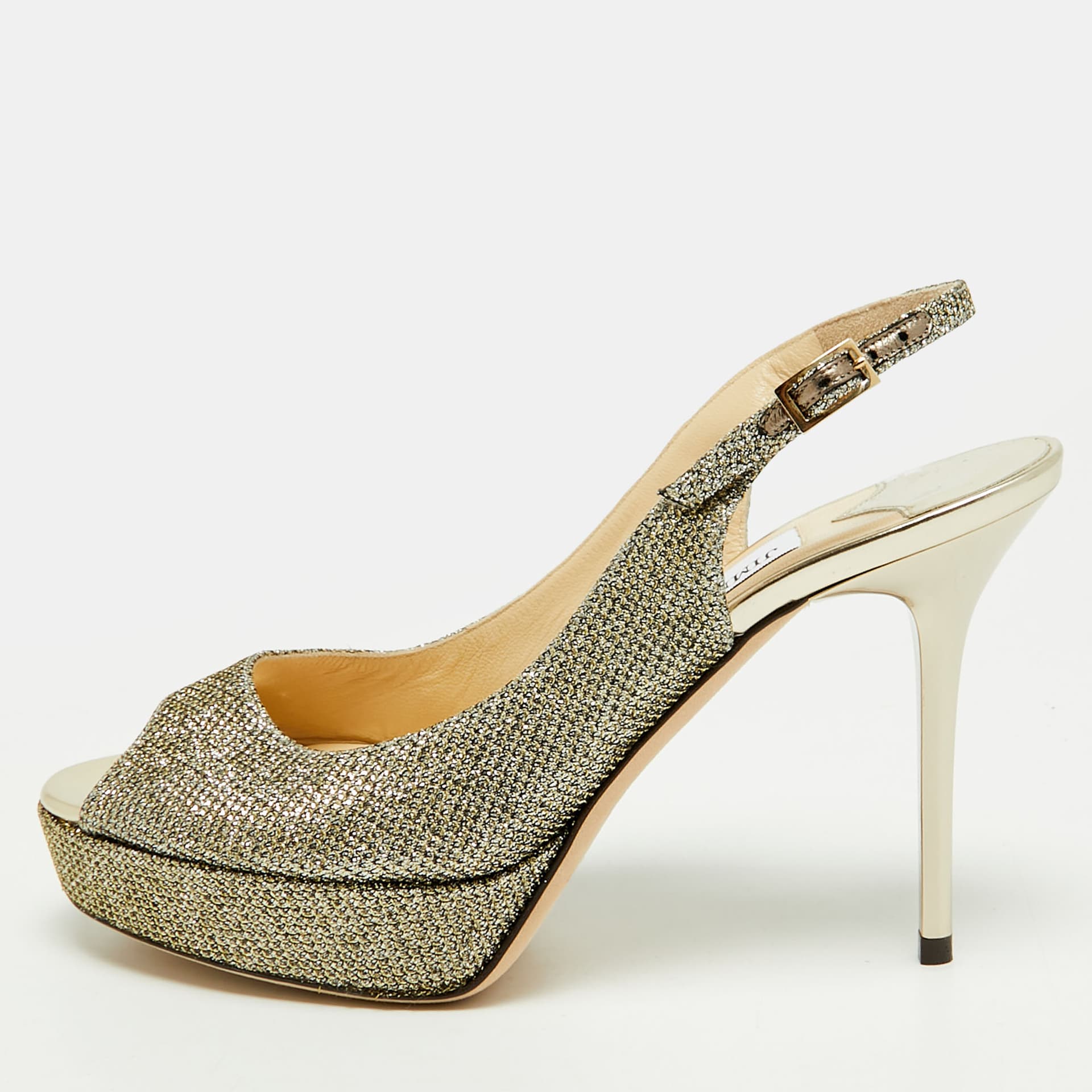 Jimmy Choo Verity Size 35 Metallic Lurex Fabric Peep Toe Platform Slingback Sandals