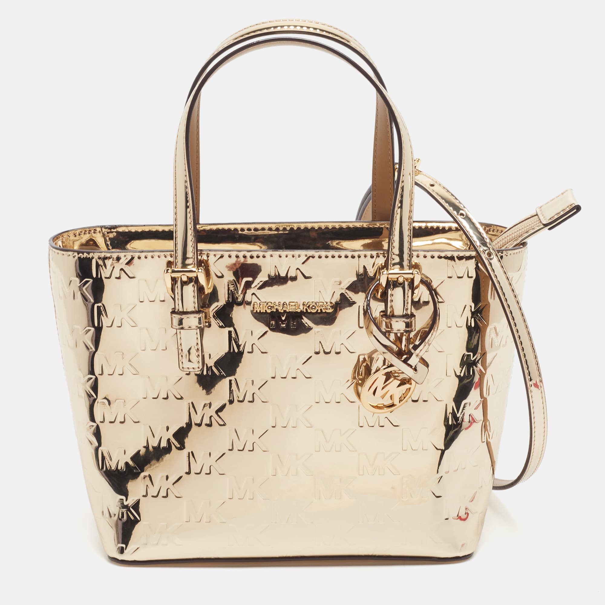Michael Kors Jet Set Travel Extra Small Gold Signature Embossed Patent Leather Tote