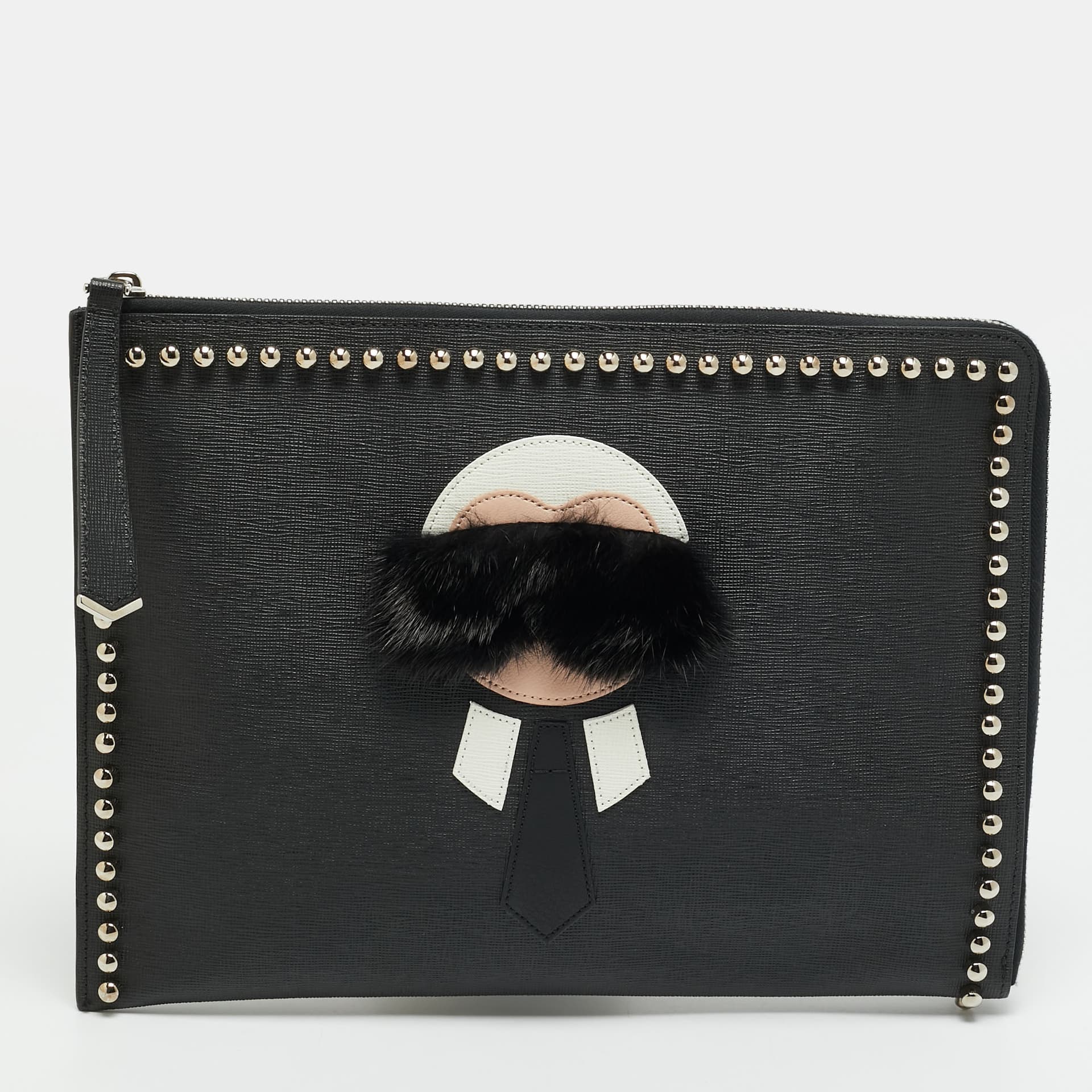 Fendi Karlito Black Leather Flat Clutch