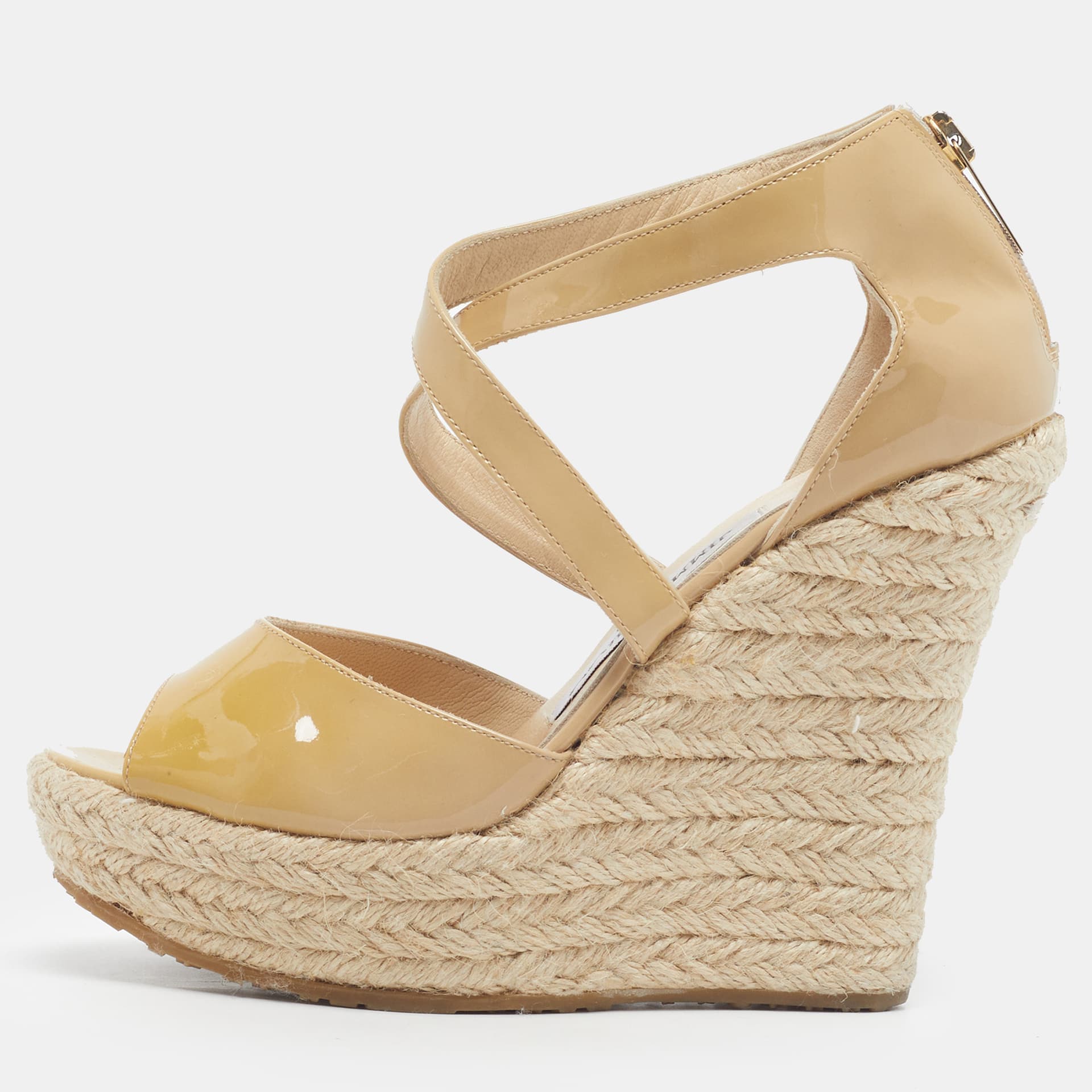 Jimmy Choo Size 35 Beige Patent Leather Wedge Sandals