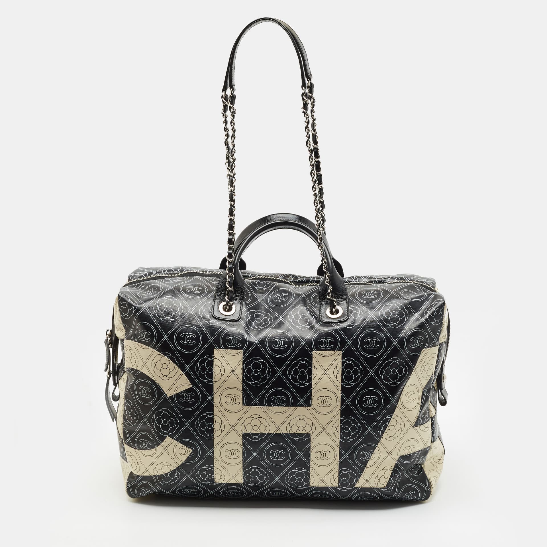 Chanel Black/Cream Camellia Print Coated Canvas Bowling Bag