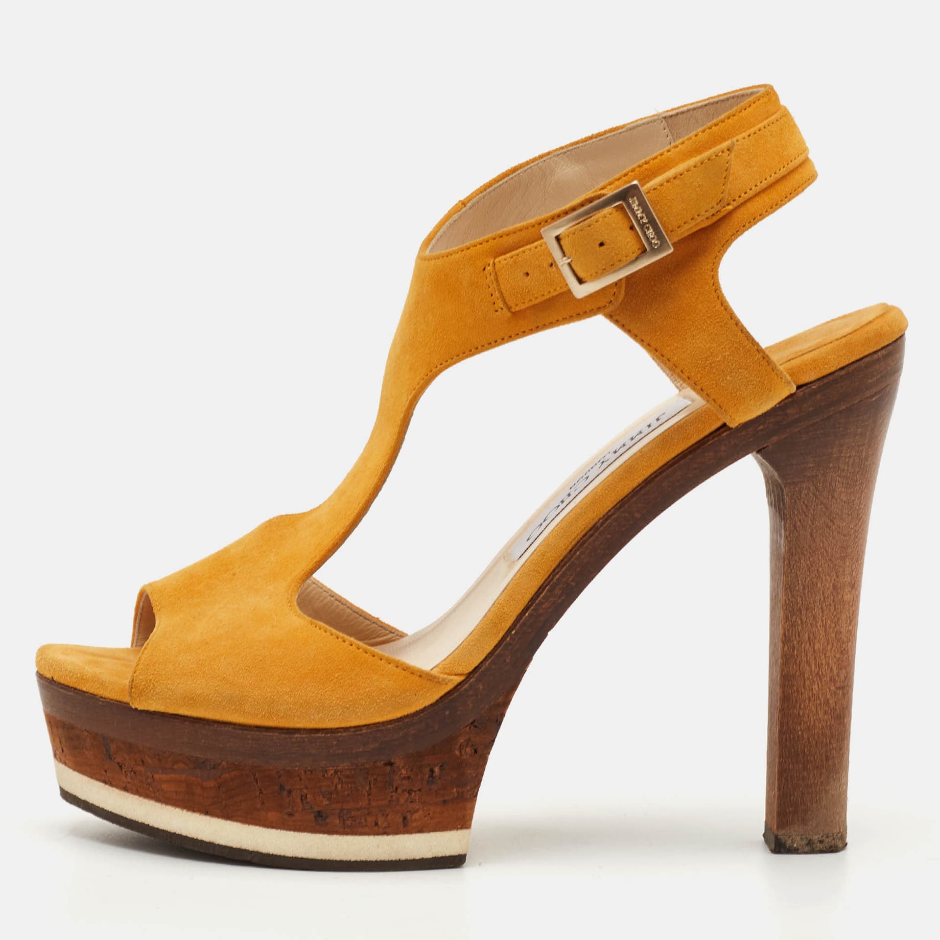Jimmy Choo Size 37 Yellow Suede T-Strap Platform Sandals