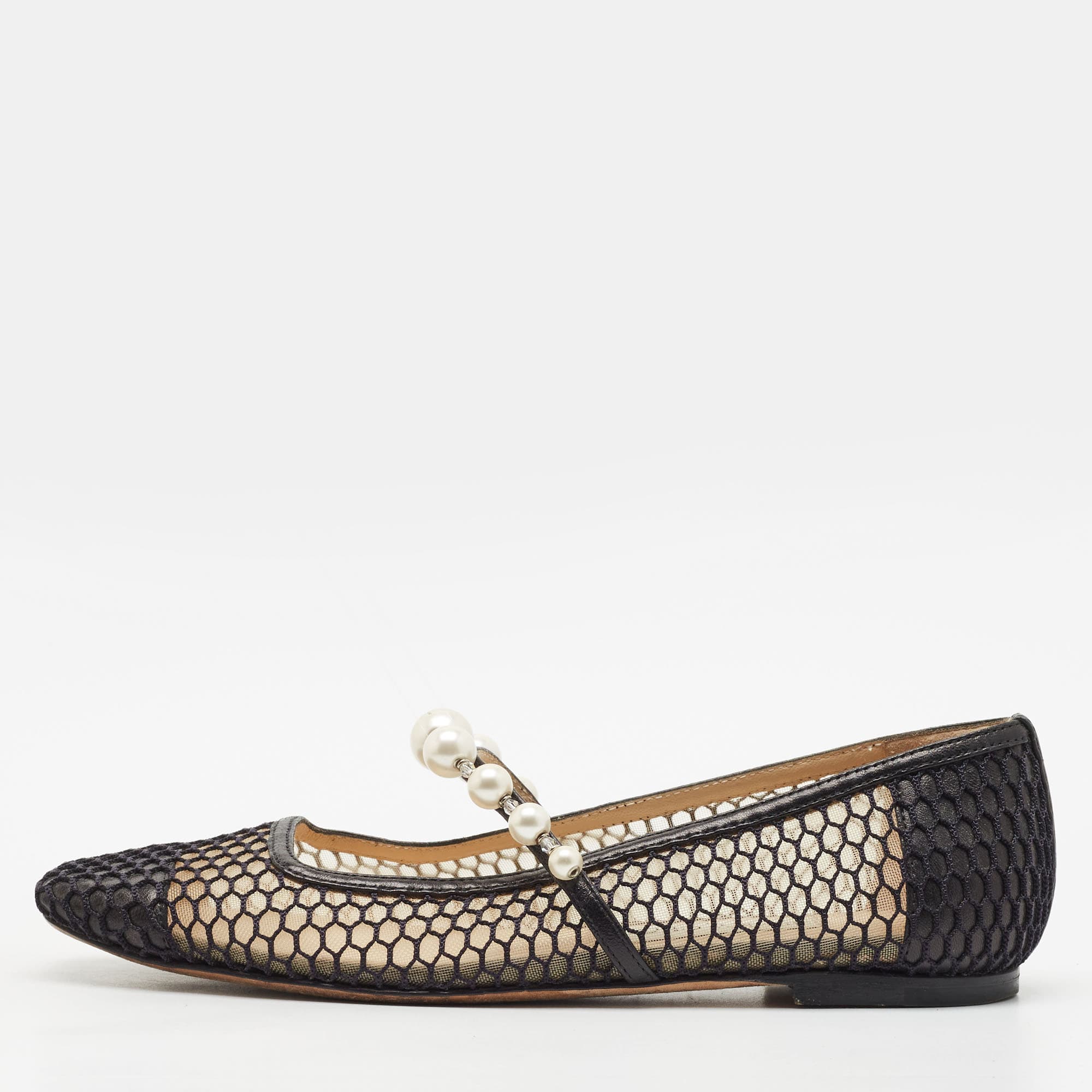 Jimmy Choo Size 36 Black Leather and Mesh Pearl Embellished Ballet Flats