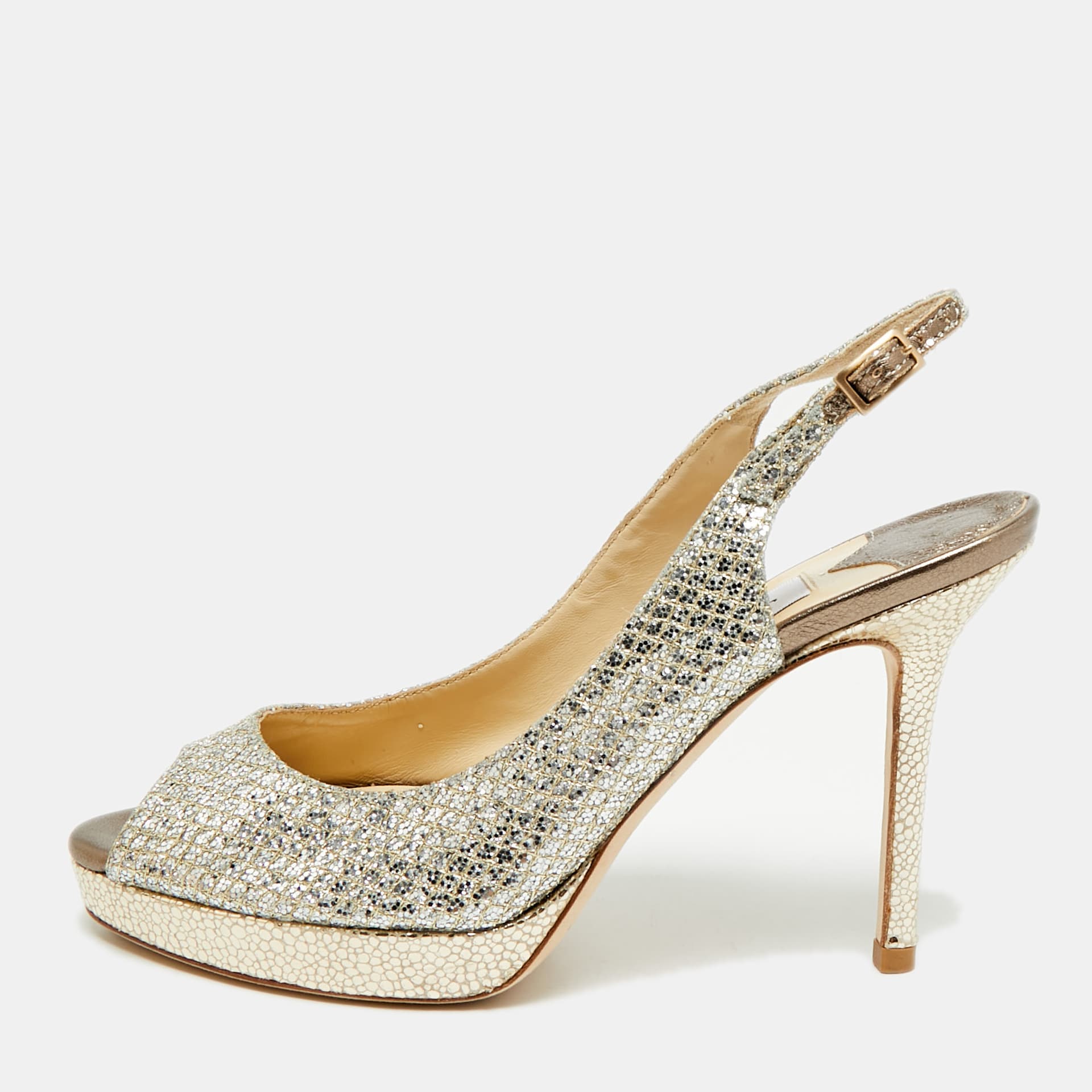 Jimmy Choo Nova Size 35 Gold Glitter Peep Toe Slingback Pumps