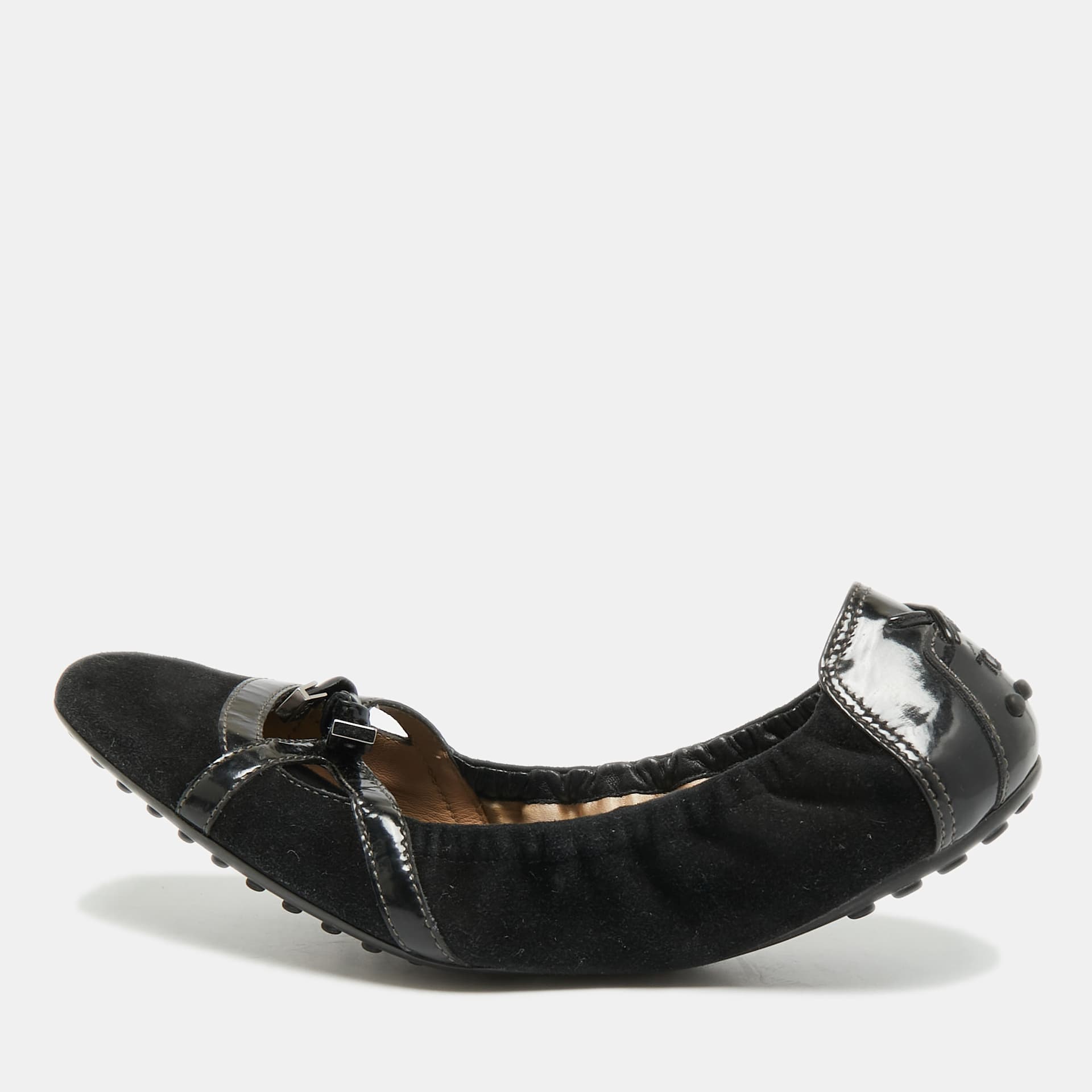 Tod's Size 39 Black Patent Leather and Suede Scrunch Ballet Flats