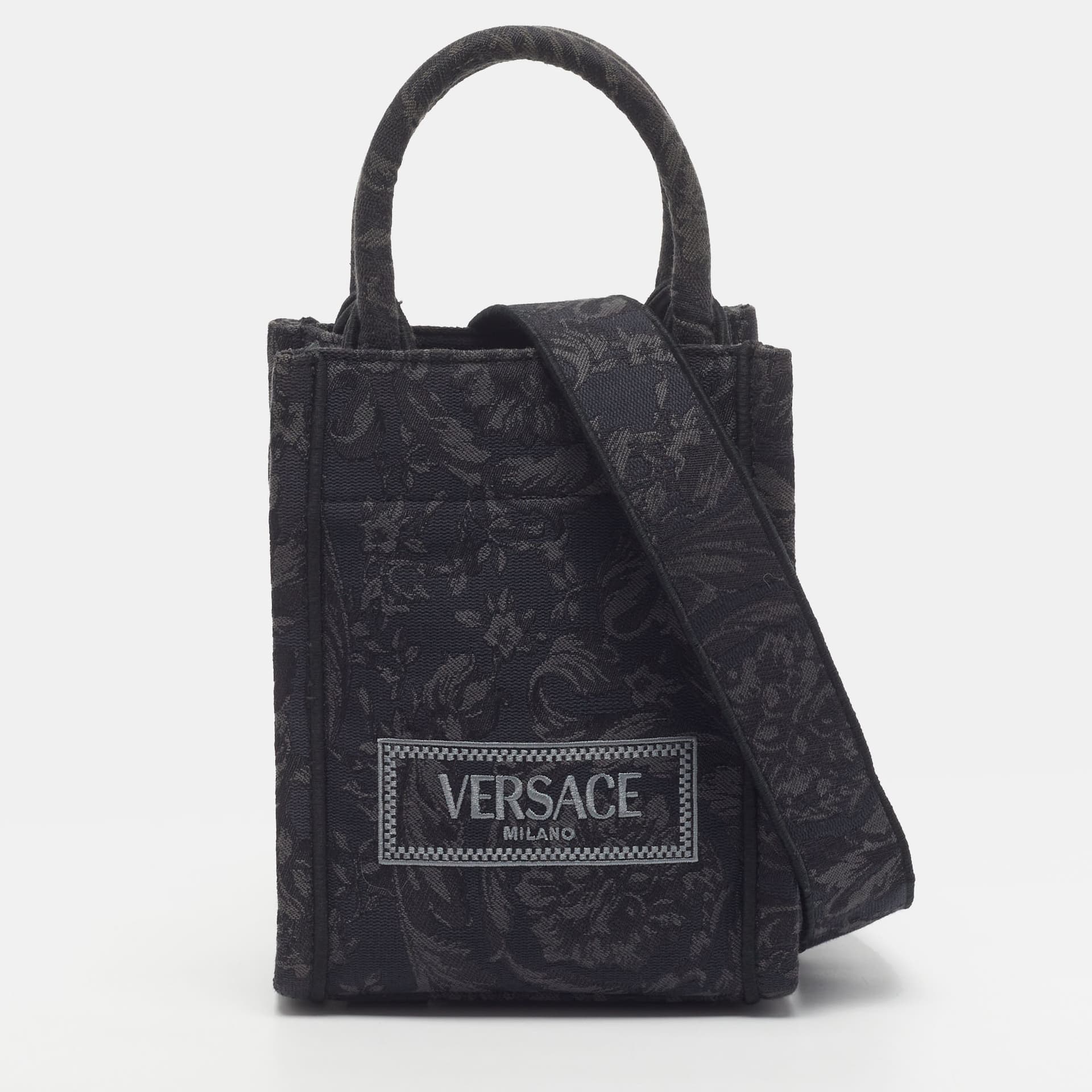 Versace Mini Black Embroidered Jacquard Barocco Canvas Tote