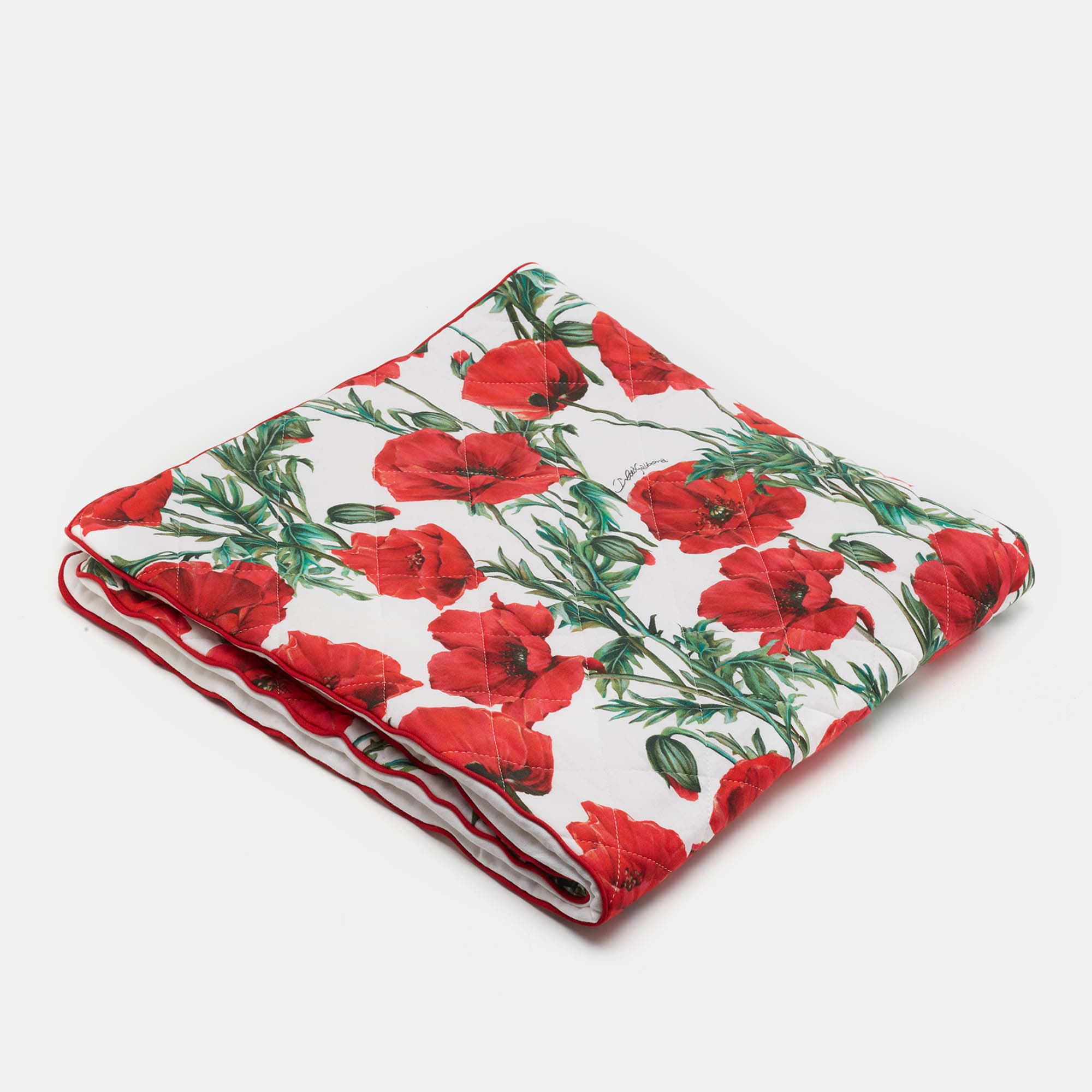 Dolce & Gabbana Baby White/Red Poppy Print Cotton Quilted Blanket