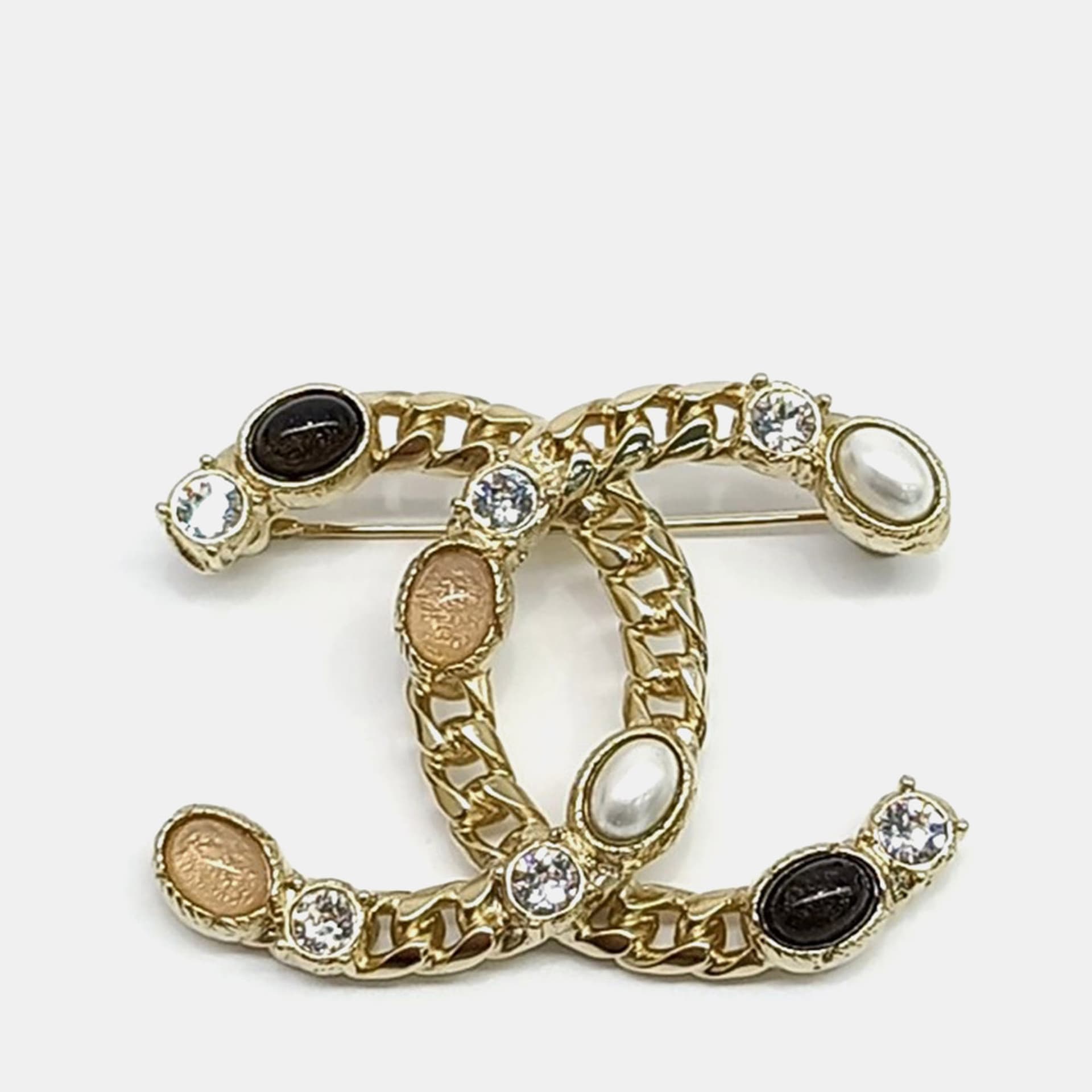 Chanel CC Logo Gold Crystals Pearl Brooch