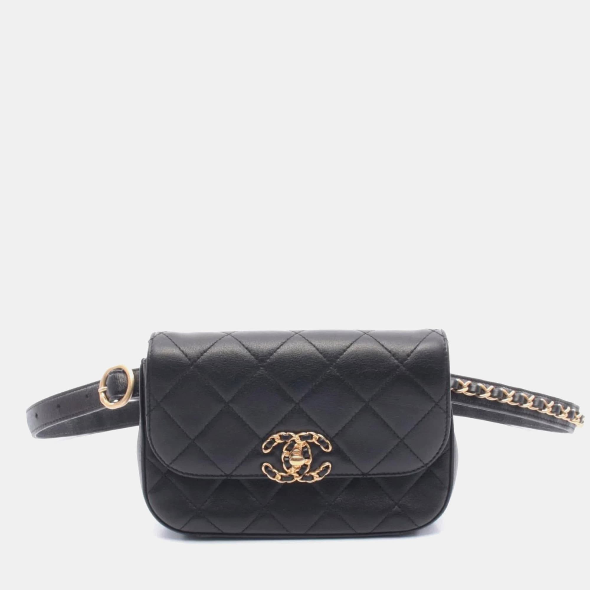 Chanel Chanel19 Waist Bag Handbag Lambskin Sheepskin Leather Black