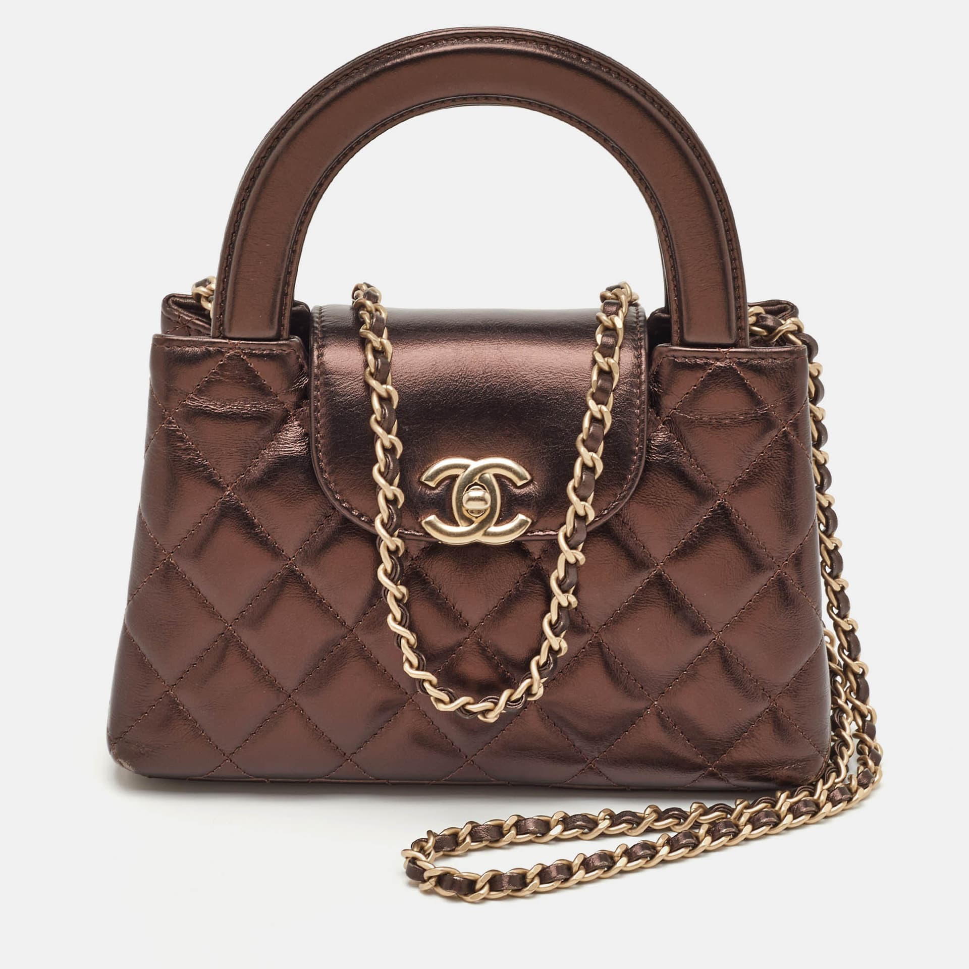 Chanel Kelly Nano Metallic Brown Quilted Leather Shoulder Bag