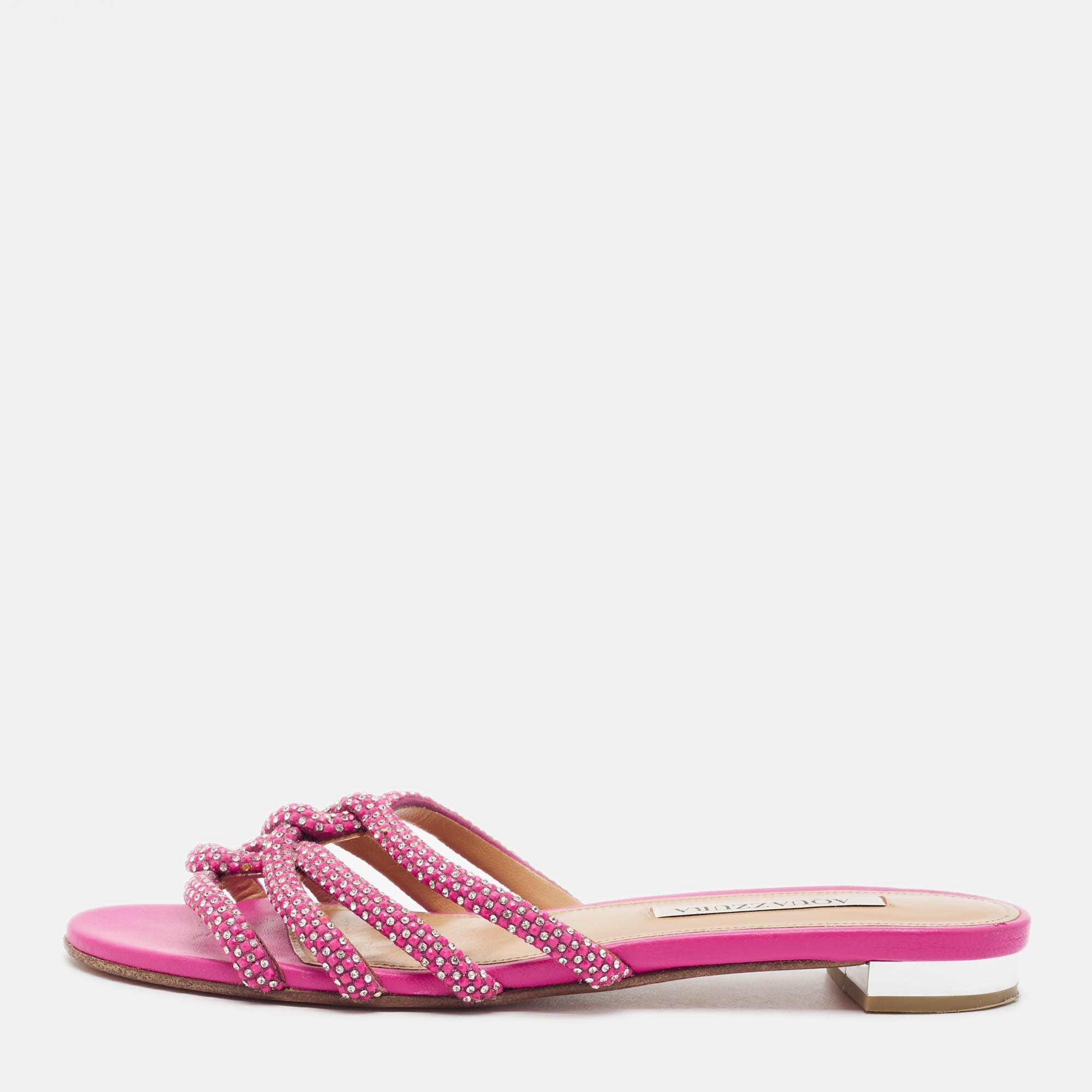 Aquazzura Moondust Size 38.5 Pink Leather Crystal Embellished  Flat Slide