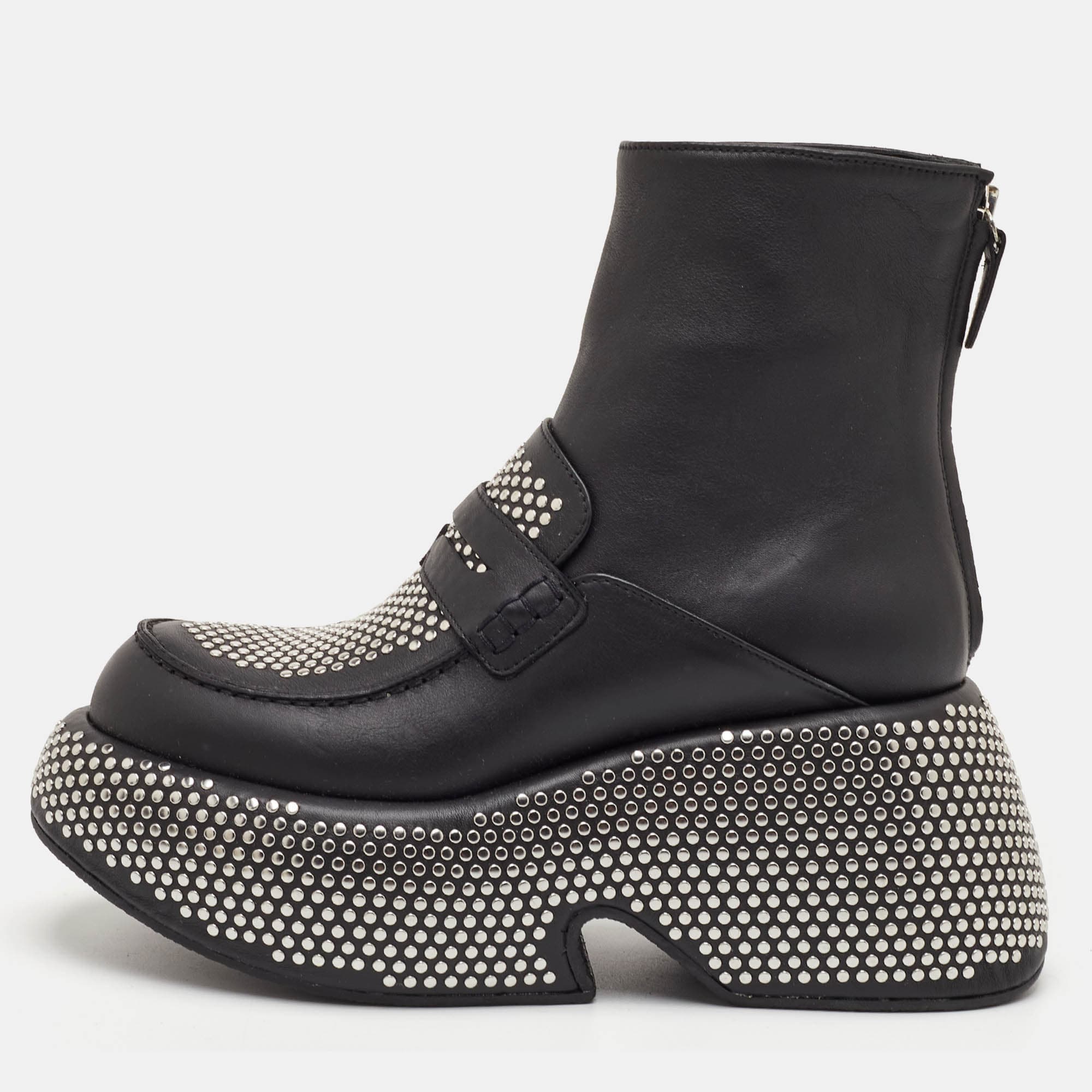 Loewe Size 36 Black Leather Studded Platform Loafer Ankle Length Boots