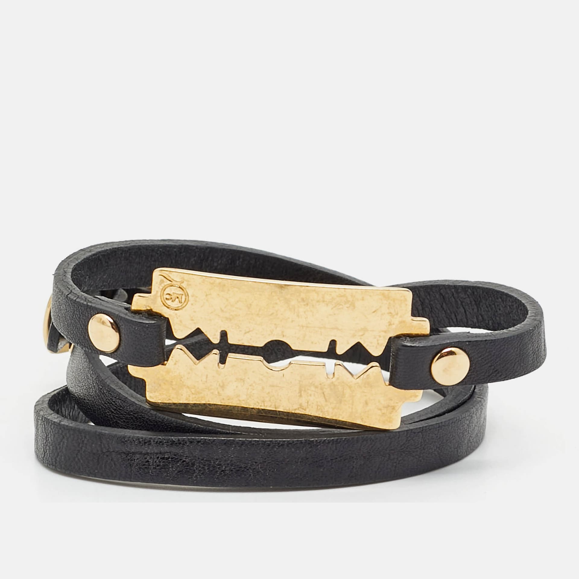 Alexander Mcqueen Razor Blade Leather Gold Tone Wrap Bracelet